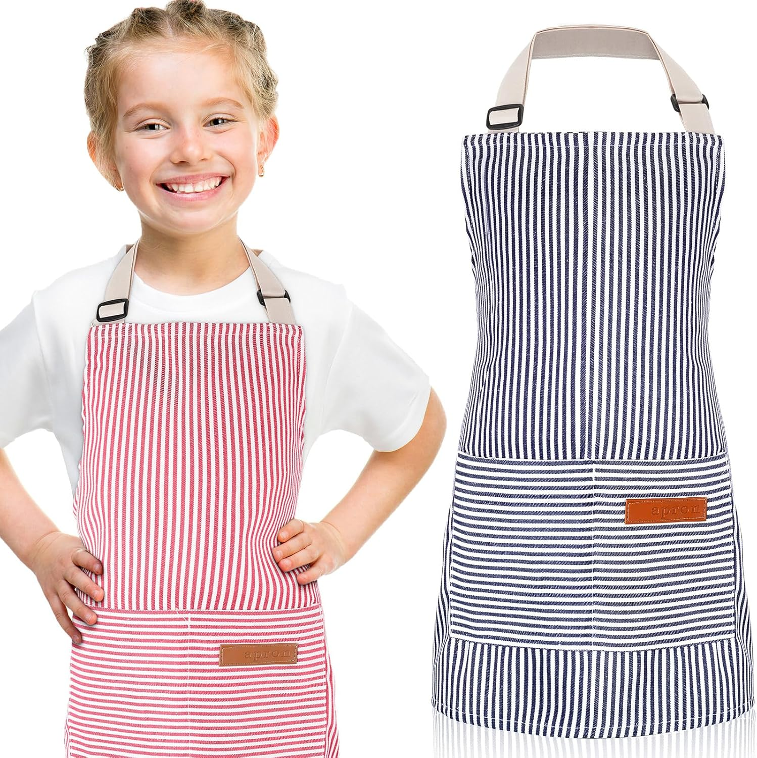 Jiuguva 2 Pack Kids Apron Adjustable Chef Apron Cotton Toddler Stripe Apron Cooking Aprons with 2 Pockets for Children Baking