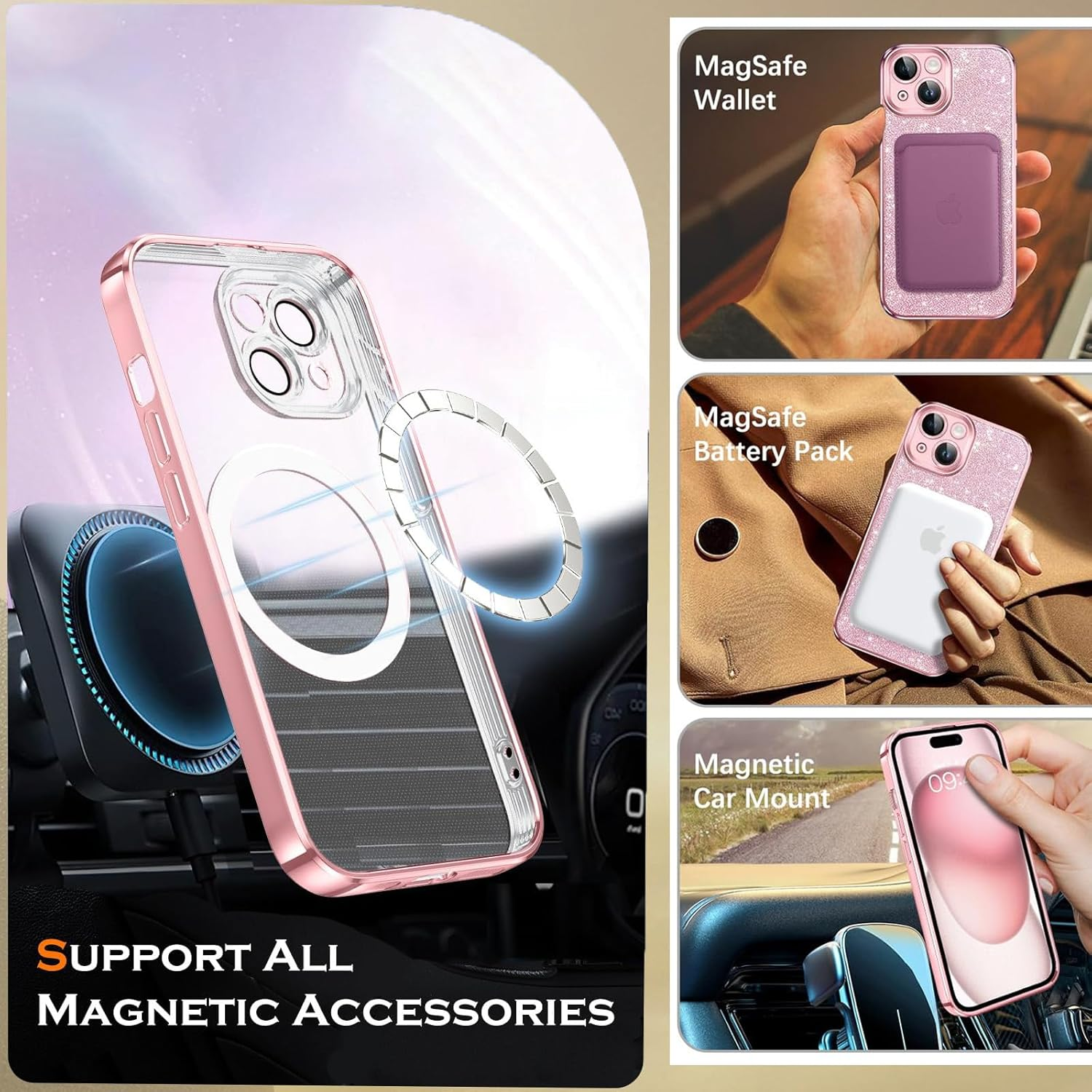 Glitter for Iphone 15 Case, Cute Bling Phone Case Iphone 15 6.1" [Compatible with Magsafe] Luxury Sparkle Shockproof Slim Full Body Protective Phone Cases Covers for Women and Girls, Pink