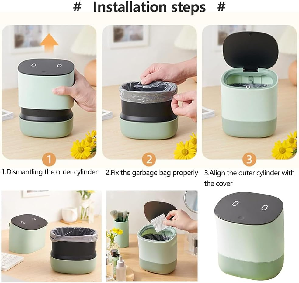 Mini Desk Trash Can with Lid-Removable Small Rubbish Bin-3.5L Plastic Trash Bin-Pop up Countertop Compost Bin-Counter Garbage Can for Bathroom,Office,Kitchen,Bedroom,Desk,Coffee Table, Green - Green image number 3