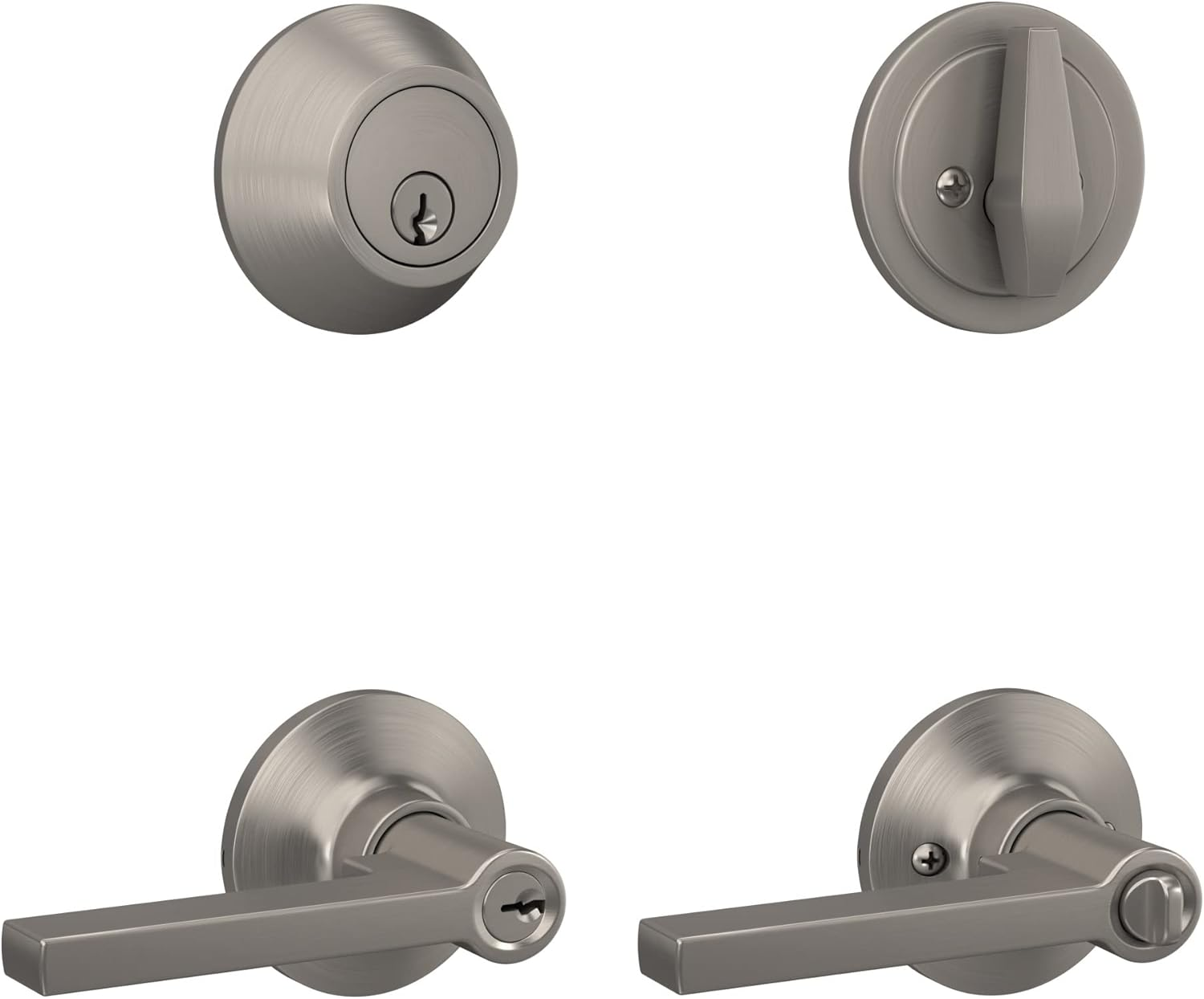 Lock Scout Straight Lever with round Trim Keyed Entry Door Handle and Single Cylinder Deadbolt, Satin Nickel Finish image number 3