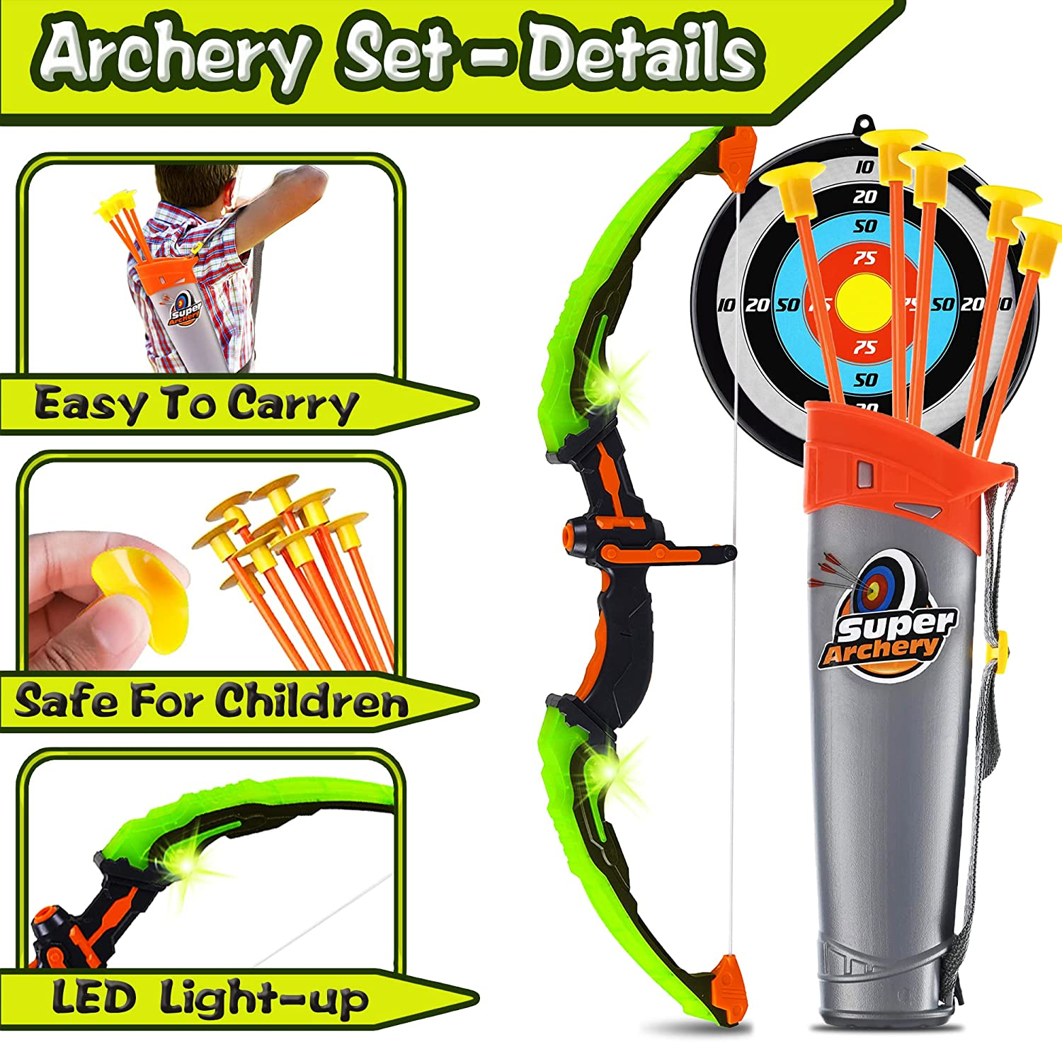 Dr.Kbder Bow and Arrow for Kids 8-12, Boys Toys Outdoor Sport Game, Green Light up Archery Toy Set with 5 Suction Cup Arrows, Target & Quiver, Ideal Christmas Birthday Gifts for Kids image number 1