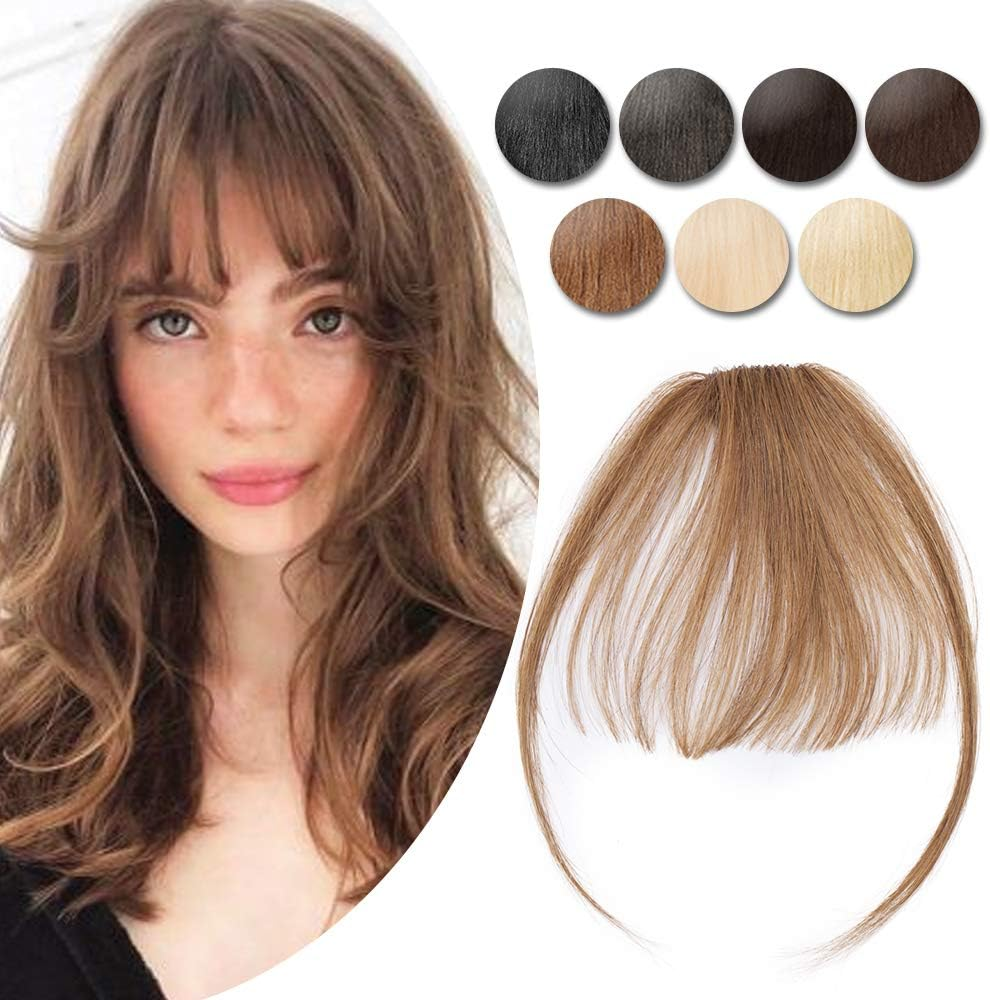 Clip in Bangs Real Human Hair Bangs Hair Clip on Bangs Extensions Thin Wispy Front Fringe Bangs Hairpieces Side Bangs with Temple Flat Bangs Hair Clip Top Hairpiece for Women 5G #06 Light Brown