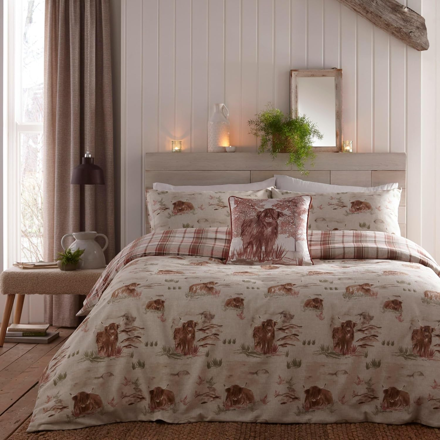Dreams & Drapes - Highland Cow Duvet Cover - King Bedding Size (230 X 220Cm) - Soft 100% Brushed Cotton - Red Checkered Bedding with Cows - Highland Cow Bedding in Red Terracotta - Woodland Bedding