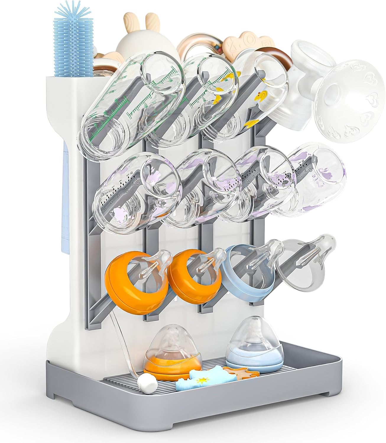 Baby Bottle Drying Rack, Space Saving Vertical Bottle Dryer Holder - Baby Accessories Storage Stand Organize Brushes Pacifiers on Countertop - Bpa-Free - Grey