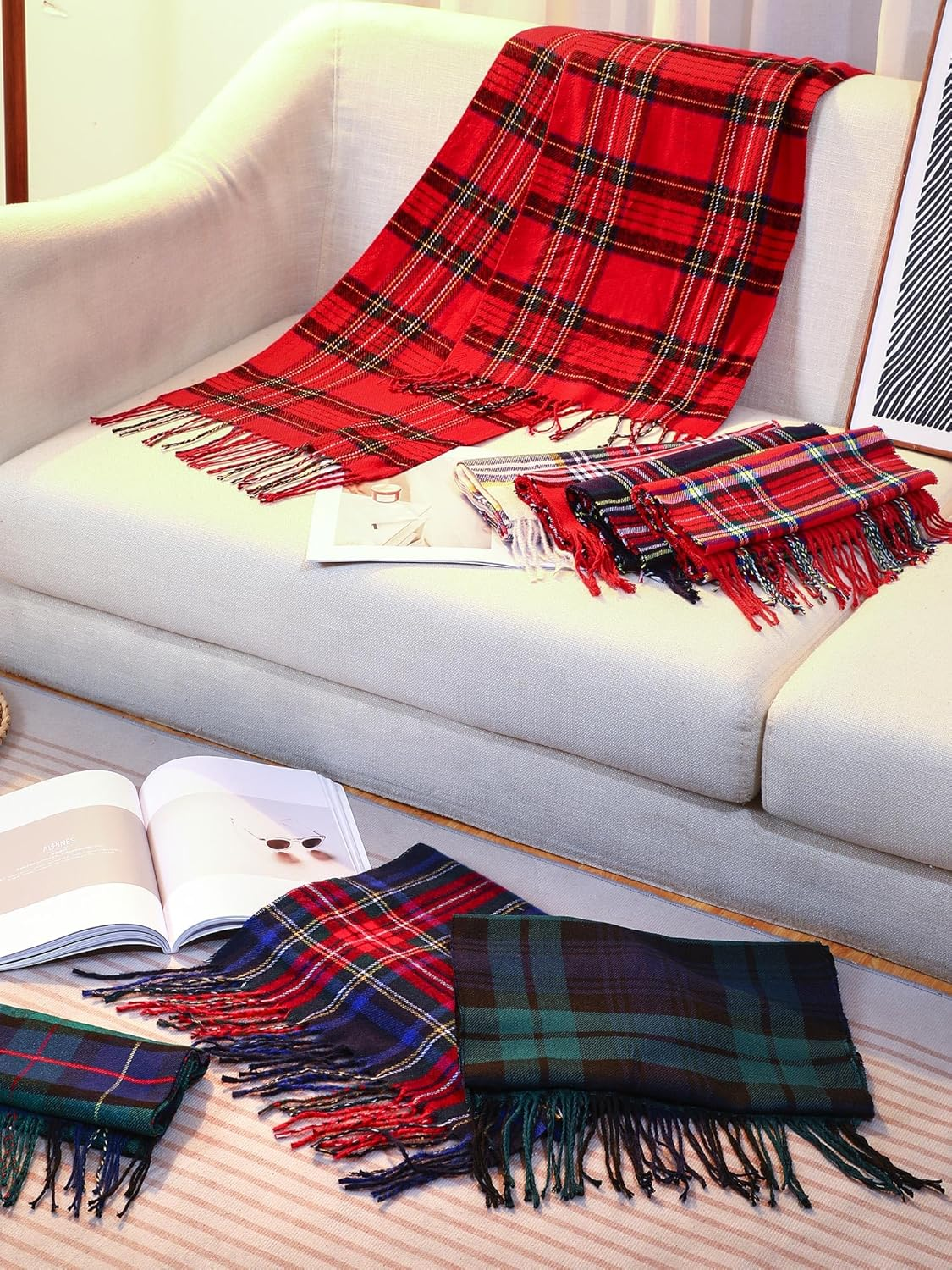 8 Pcs Christmas Checked Scarf Long Winter Soft Scarf Warm Scottish Tartan Plaid Bulk Classic Buffalo Plaid Shawls Wraps for Women Men Gift image number 3