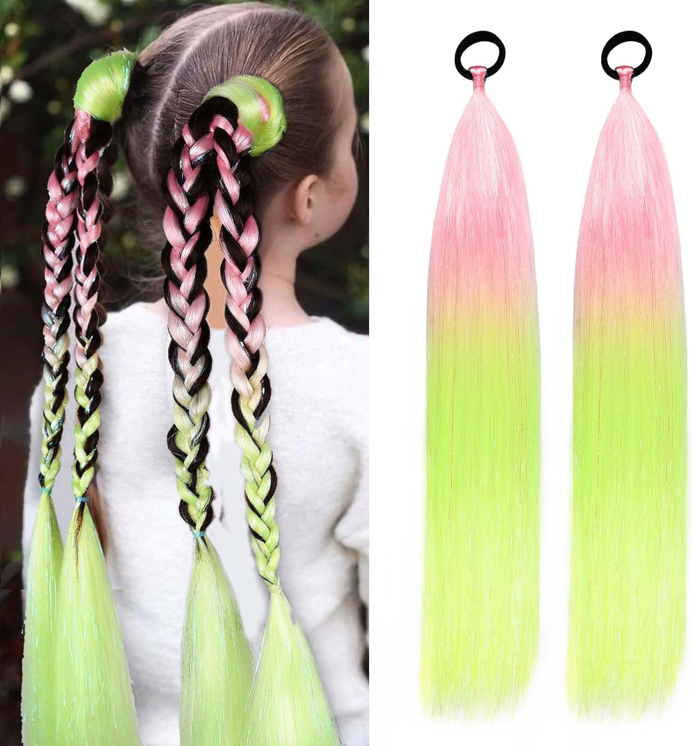 Pink Ponytail Extension with Tie, Colored Hair Extensions, Festival Crazy Hair Day Accessories, Shimmer Tinsel Ponytail Colorful, 18 Inch 2 Packs