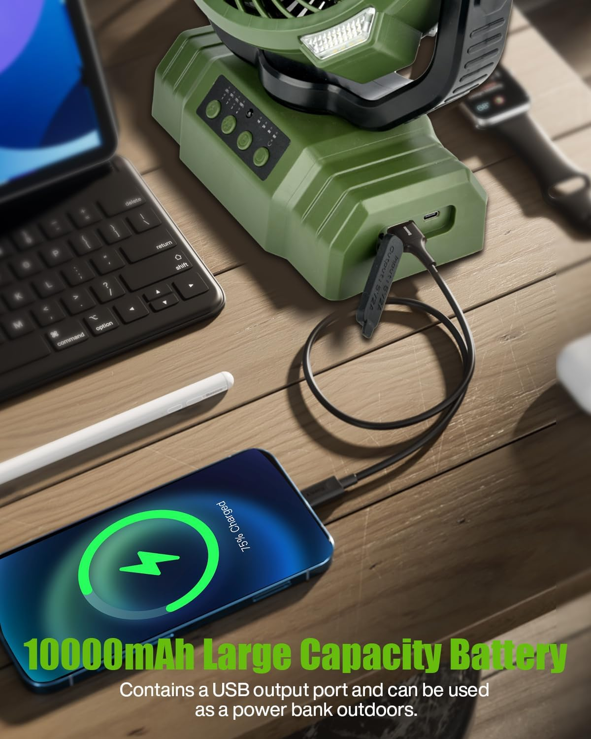 Camping Fan, 10000Mah Portable Fan for Camping with LED Lantern, Rechargeable Desk Fan Ceiling Tent Fan with Remote, Hook & Handle, 270&deg; Pivot, 4 Speeds, Timer & Power Bank Function image number 1