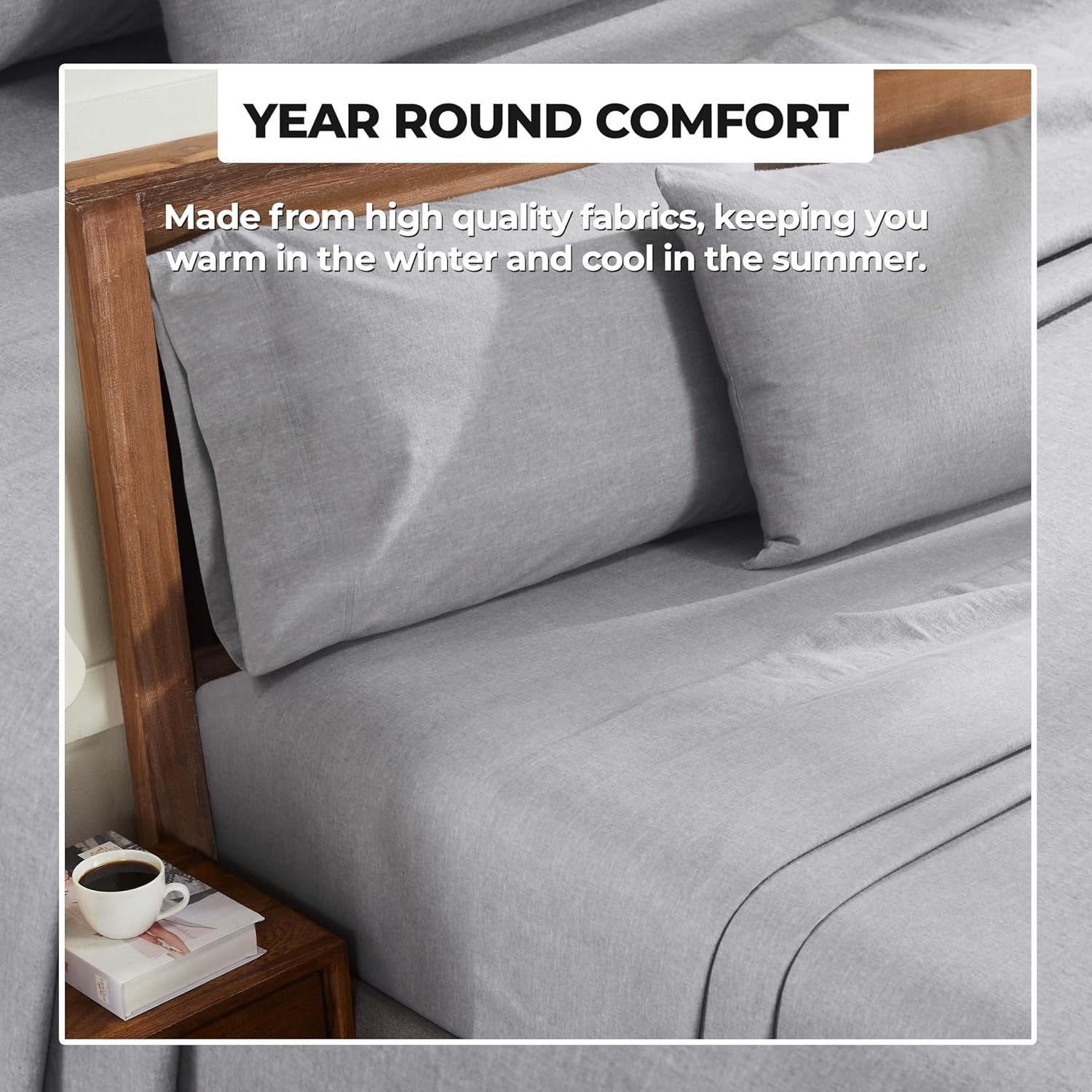 Superior Melange Flannel Cotton Sheet Set, Ultra-Soft Textured Sheets, Modern, Farmhouse Bedding, Basics, Includes; Flat Sheet, Elastic Deep Pocket Fitted Sheet, Pillowcases, Full, Grey image number 5