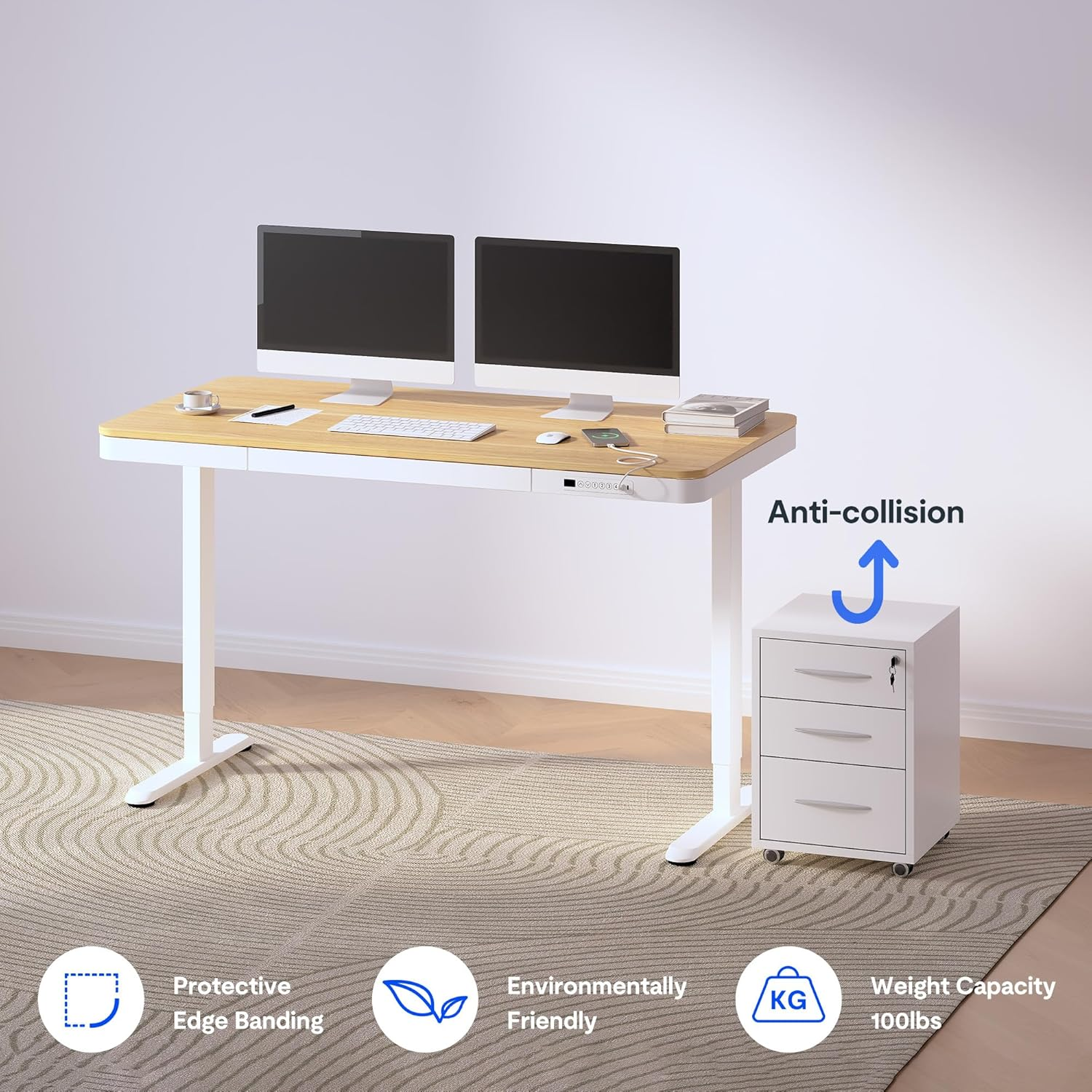 FLEXISPOT 140Cm Electric Standing Desk with Drawers, Quick Assembly Home Office Sit Stand Desk with Storage, USB Charging, Computer Desk for Home Office (Maple Top + White Adjustable Frame, Comhar) image number 3