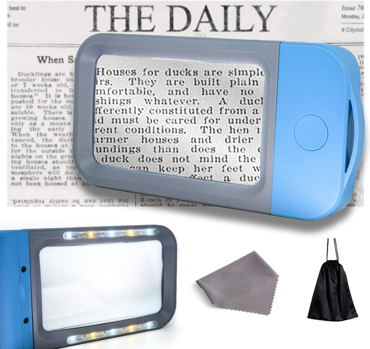 VOCA Magnifying Glass with Light, 3X Large Rectangle Reading Magnifier with 10 Leds for Seniors with Macular Degeneration, Newspaper, Books, Small Print, for Low Visions (Blue)