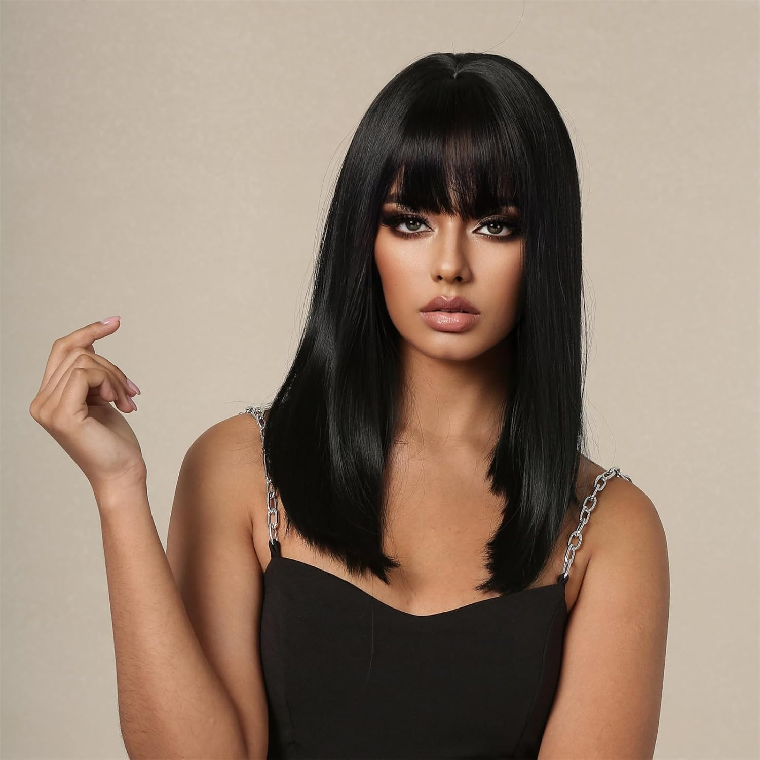 Straight Black Synthetic Wig with Bangs,Shoulder Length, Medium - Long Straight Hair with Air Bangs, Naturally Fluffy Full - Head Wig for Party Daily Use（Black，18.5In）