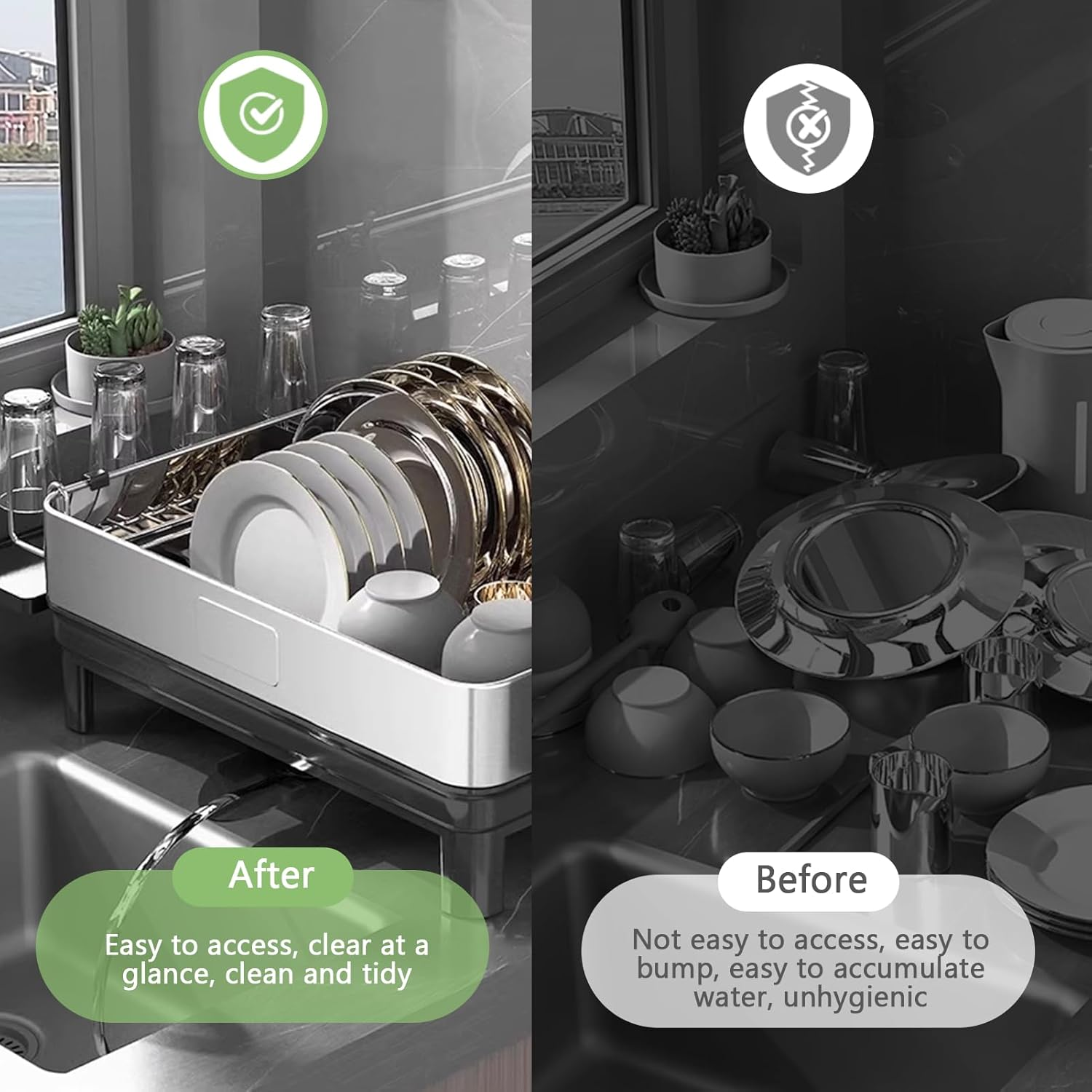 2 Tier Dish Drying Rack, 304 Stainless Steel Dish Drainer for Kitchen Counter, Extra Large Dish Rack with 360&deg; Rotatable Drain Spout & Cup Holder image number 5