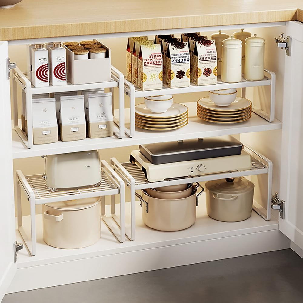 Kitchen Cabinet Organiser, Shelf Insert with Non-Slip Mat, Kitchen Cabinet Insert, for Kitchen/Bathroom/Tabletop/Sideboard (White) - White image number 4