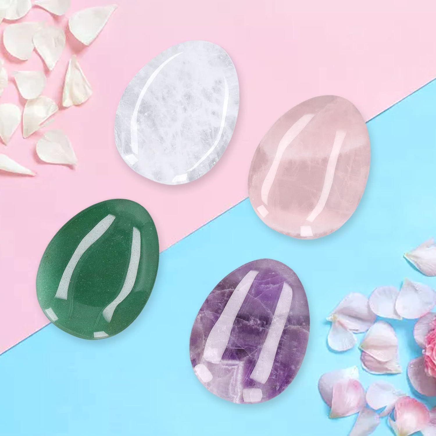 Thumb Worry Stone, 4 PCS Amethyst, Rose Quartz, Green Aventurine and Clear Quartz Healing Crystal Pocket Palm Stone, Chakra Stones, Oval Pocket for Anxiety Stress Relief, image number 2