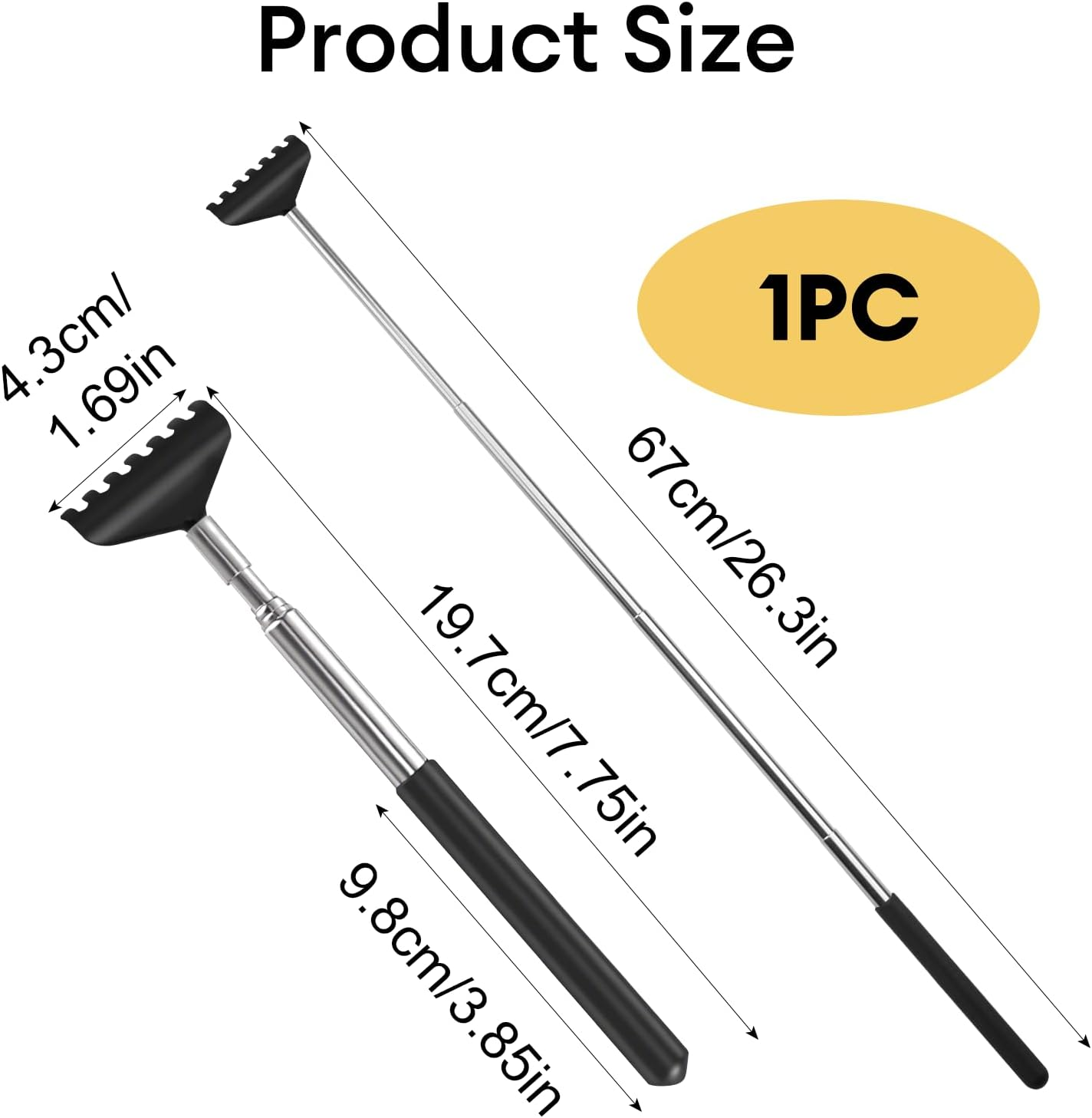 Ozessence 2 Pcs Back Scratcher, Portable Stainless Steel Telescoping Back Scratcher Pack for Adults Men Women Gifts, Itch Relief Tool with Rubber Handle (21-68Cm) (2 Pcs) image number 3