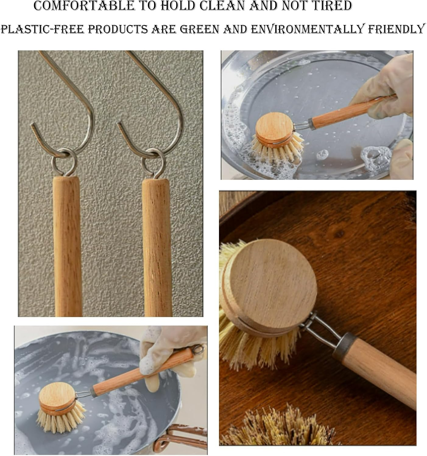 5 Pcs Dish Brush,Natural Sisal Pot Brush,Kitchen Wooden Handle Brush - Replaceable Head Soft Hair Non-Stick Pot Brush,Pot Brush for Cleaning Kitchen Utensils image number 4