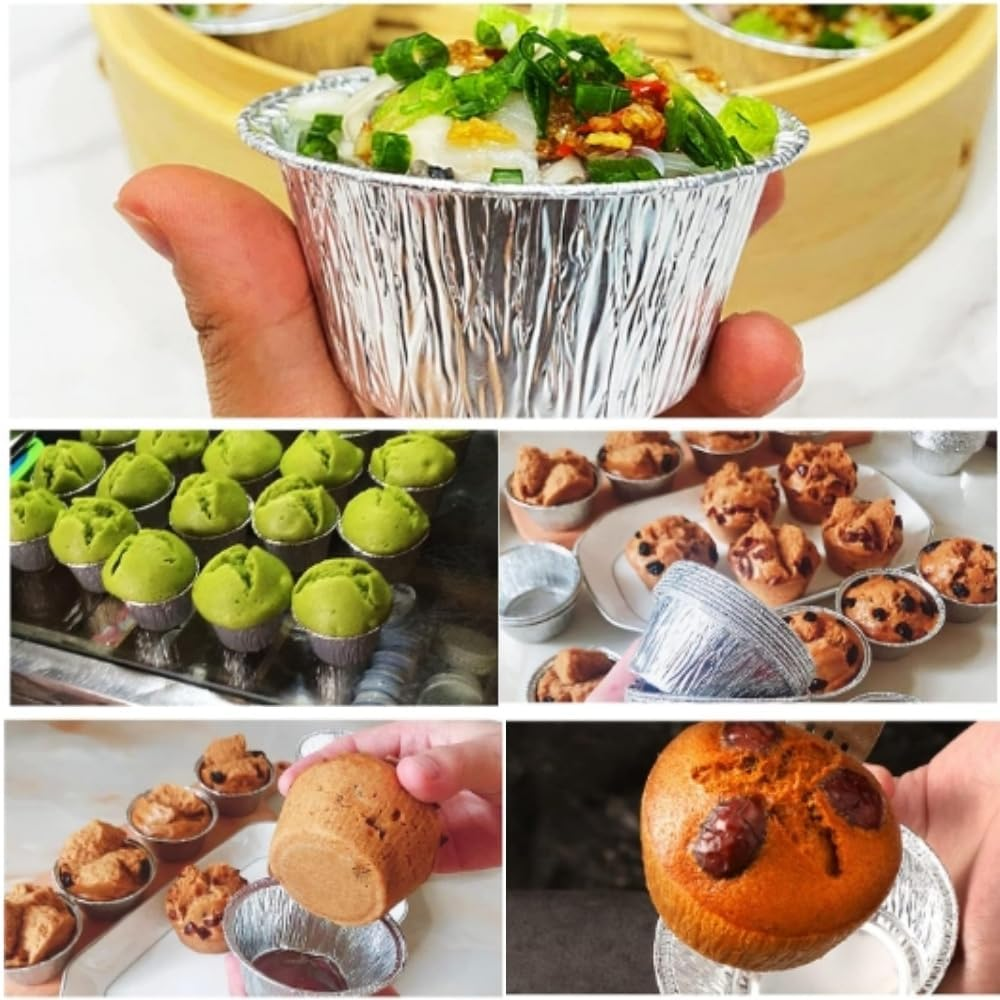 Fabselection Aluminium Foil Baking Trays - 100Pcs round Disposable Tart Molds - Small Aluminum Cups for Pudding Cupcake Muffin Foil Cups Nonstick Mini Tart Pie Tin Pan Liner Ideal for Creme