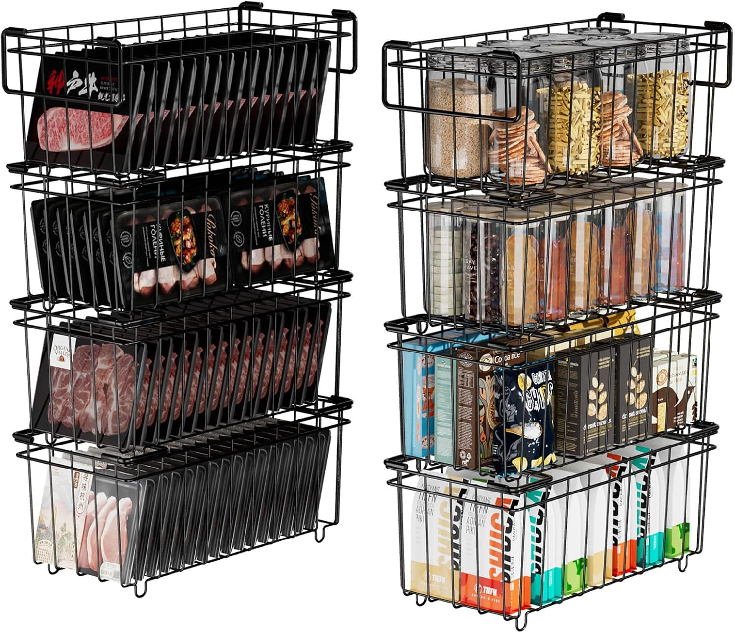 8 Pack Freezer Organizer Bins, Stackable Deep Chest Freezer Organizer Bins, Metal Foldable Baskets with Handles, Black Wire Freezer Storage Bins with Better Space Utilization (Black)
