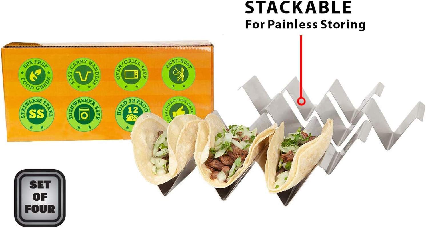 Taco Holder Stand - Set of 4 - Oven & Grill Safe Stainless Steel Taco Racks with Handles - Fill & Serve Tacos with Ease - Taco Trays by Fiesta Kitchen