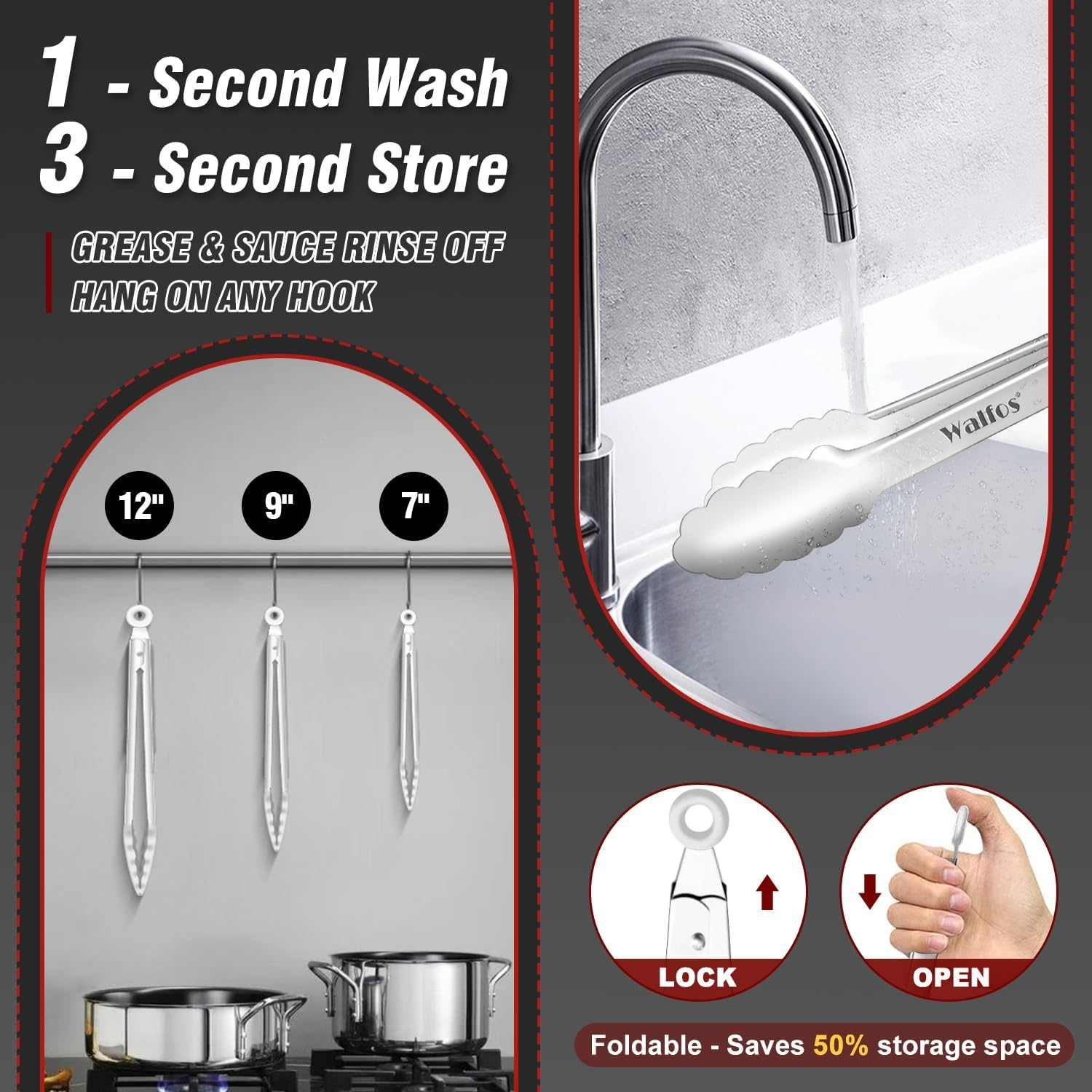 Walfos Stainless Steel Tongs, 3-Piece Set (7", 9", 12") - Heavy Duty, Heat Resistant, Non-Slip Grip, BBQ Grilling & Cooking Tongs image number 2