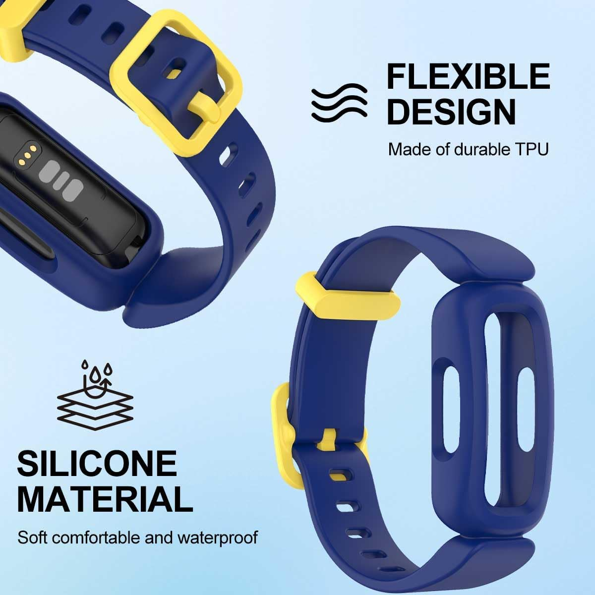 (2 Pack) T Tersely Sport Band for Fitbit ACE 3/Inspire 2 for Kids (2021), Soft TPU Silicone Replacement Strap Fitness for ACE3 Activity Tracker - Black +Blue/Yellow