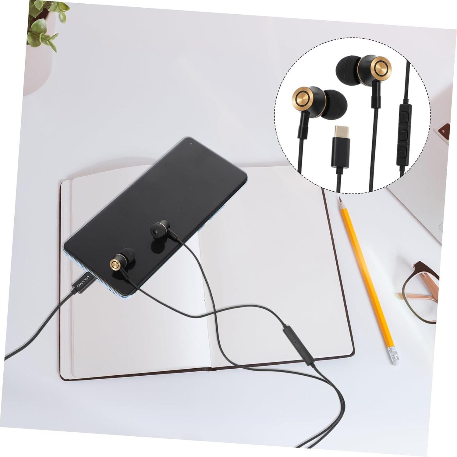 OFFIGAM USB C In-Ear Earbud Headphones with Microphone and Volume Control, Noise Canceling Stereo Headset for Phones and Tablets, Black Metal Design for Daily Use image number 5