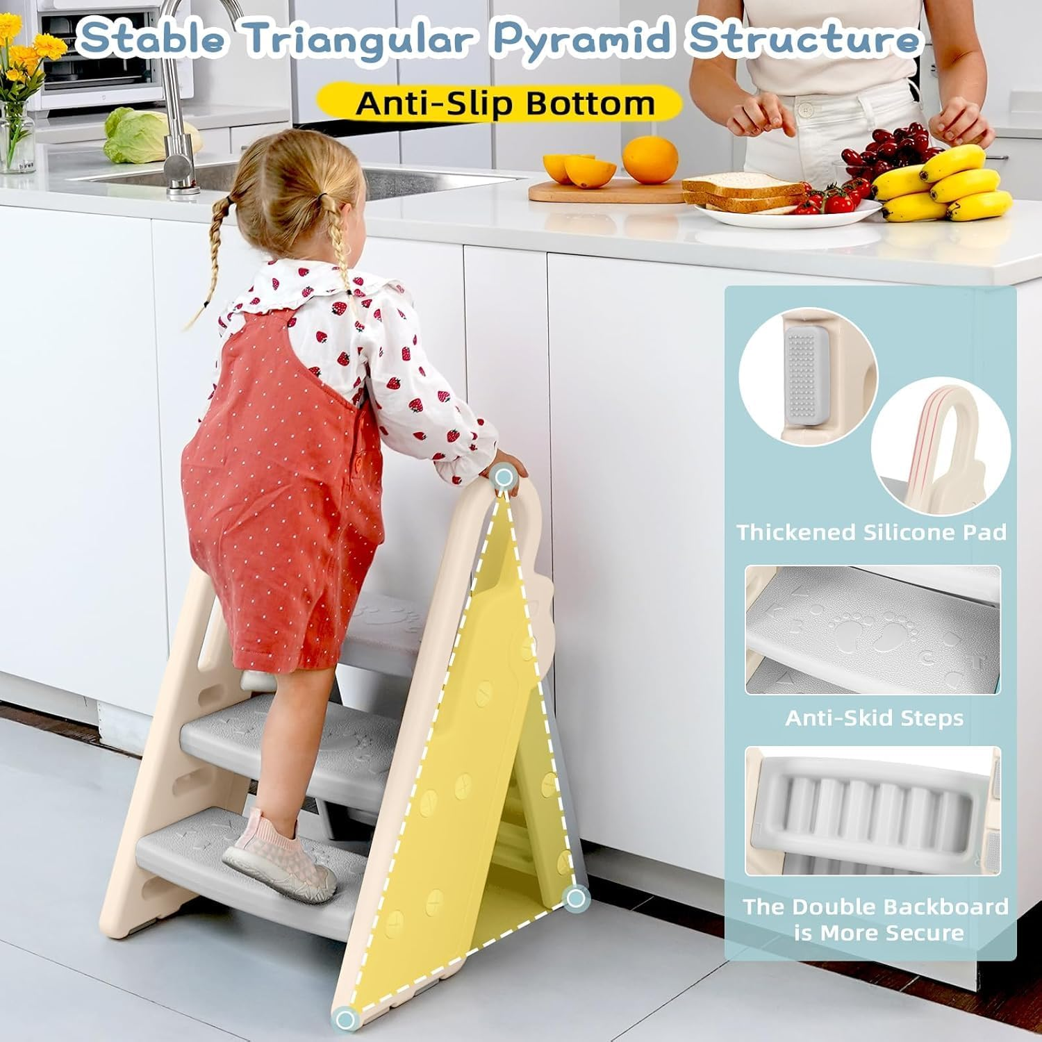 Foldable Step Stool for Bathroom Sink, Adjustable Kids 3 Step Stool for Toilet Potty Training Toddler Tower with Handles, Baby Child Kitchen Counter Stool Helper image number 3