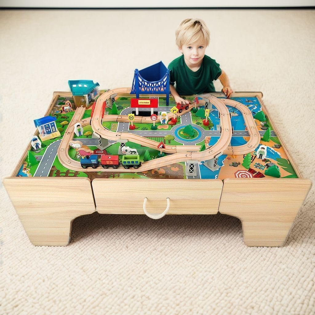 Kids Wooden Train Set Railway Activity Track Set Play Table with Storage Drawer 80PC 107(L) X63(W) X40(H) Cm image number 1