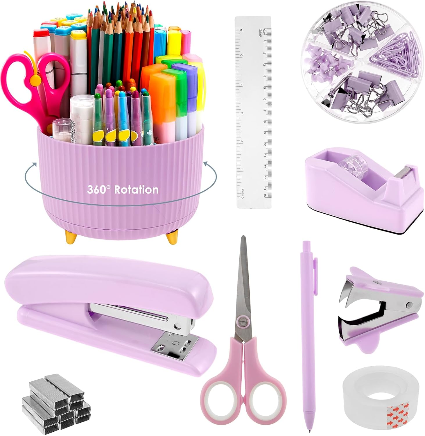 Office Supply Set, Convenient Stapler and Tape Dispenser Set, Office Supplies 360&deg;Pen Holder，Office Supplies Desk Accessories, Practical Office Supplies for Office Clerks (Purple) image number 3
