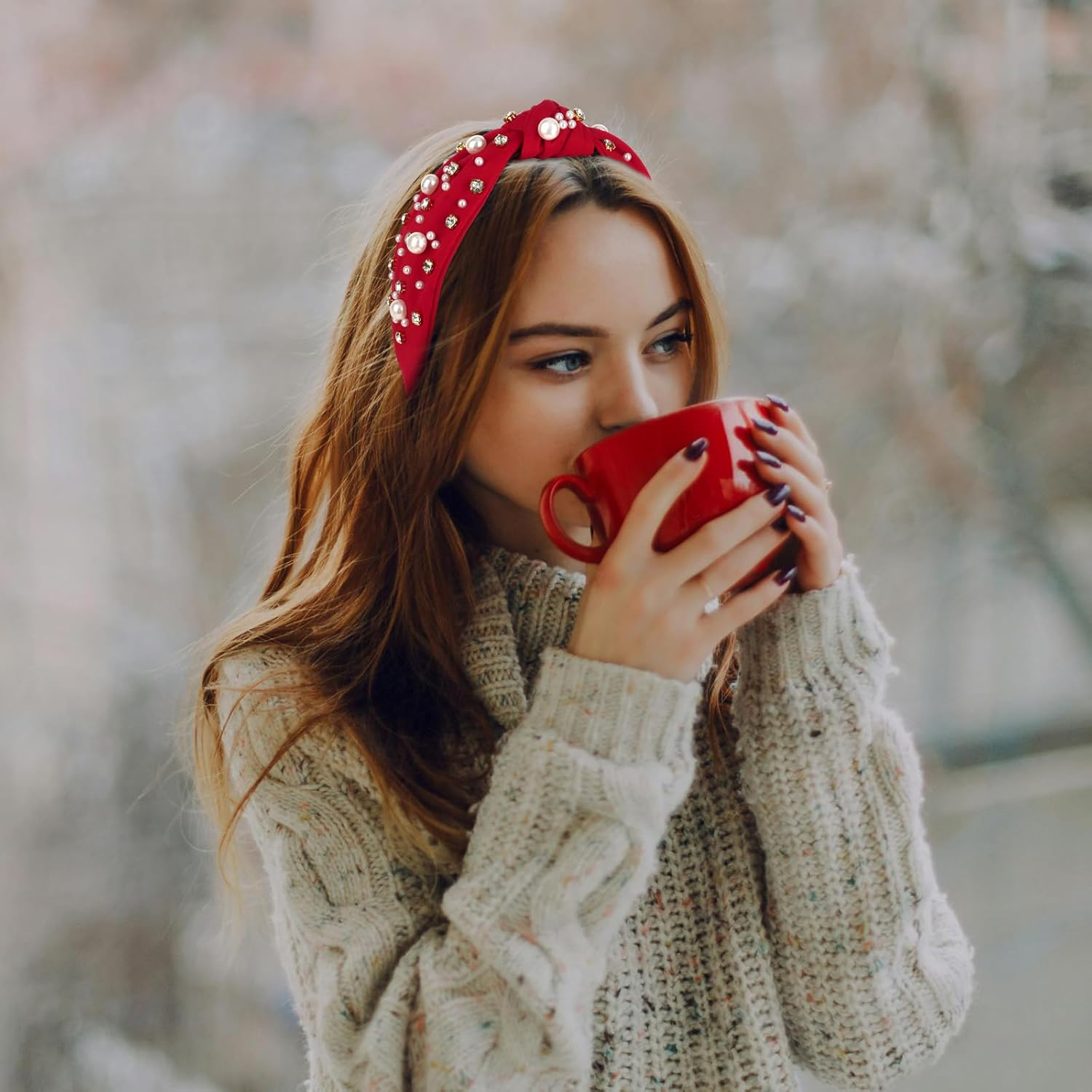 Uintoon Red Headband for Women Pearl Knotted Headband Sparkly Rhinestone Pearls Top Knotted Headbands Womens Fashion Hair Accessories Cute Hair Bands - Brown image number 2