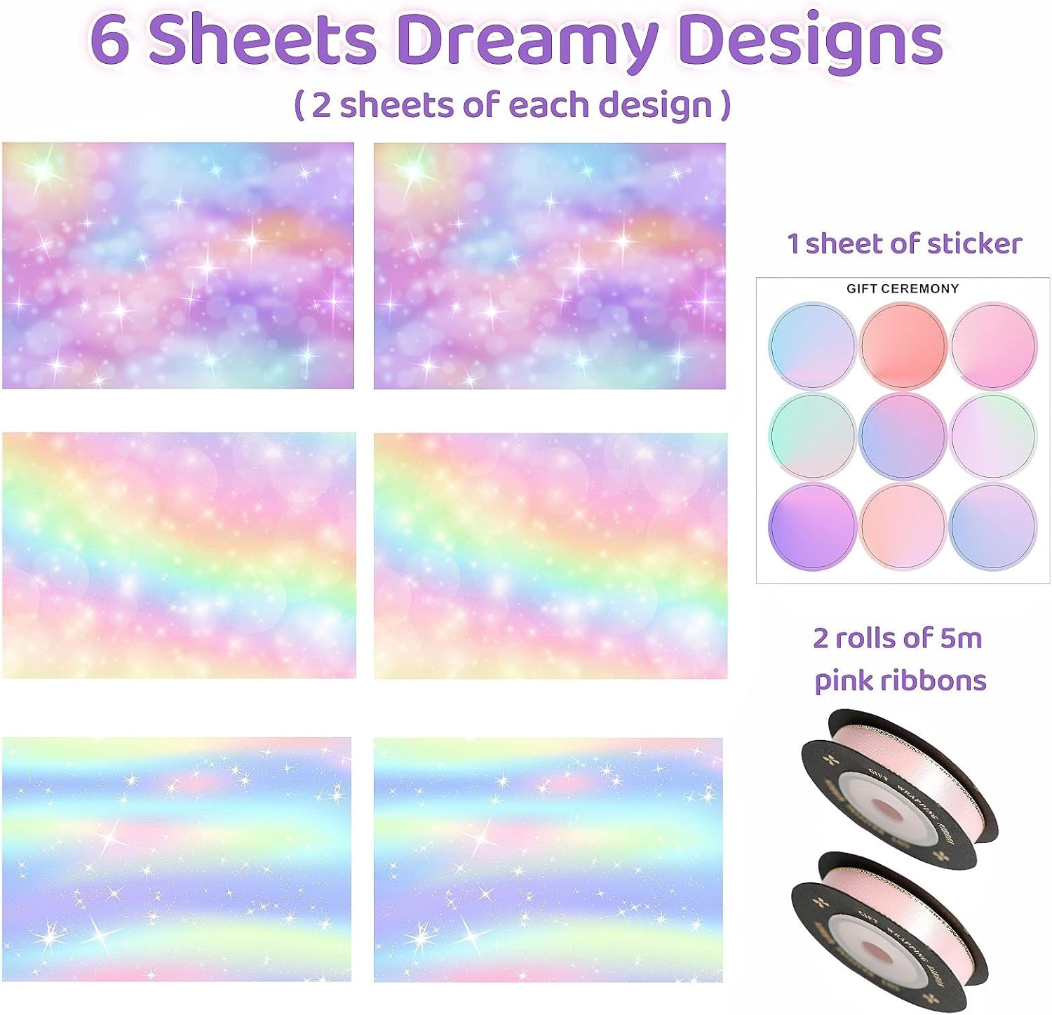 ZCOINS 6 Sheets Aurora Rainbow Gradient Wrapping Paper 70 X 50CM with Pink Ribbons ＆ Sticker, Pink Purple Dreamy Rainbow Starry Sky & Aurora Wrapping Paper Valentines Day Mothers Day Girls Women Gifts
