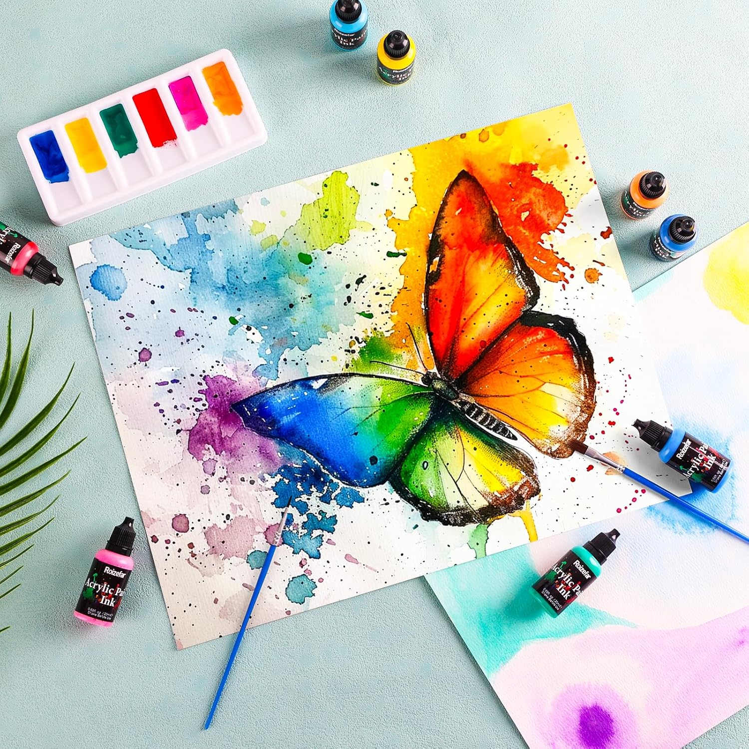 Roizefar Acrylic Paint Ink, 16 X 20Ml (0.68 Fl.Oz), Drawing Ink Set, Liquid Acrylic Paint with 2 Brushes and 1 Palette for Drawing, Ideal for Pouring Art, Mixed Media Projects image number 3