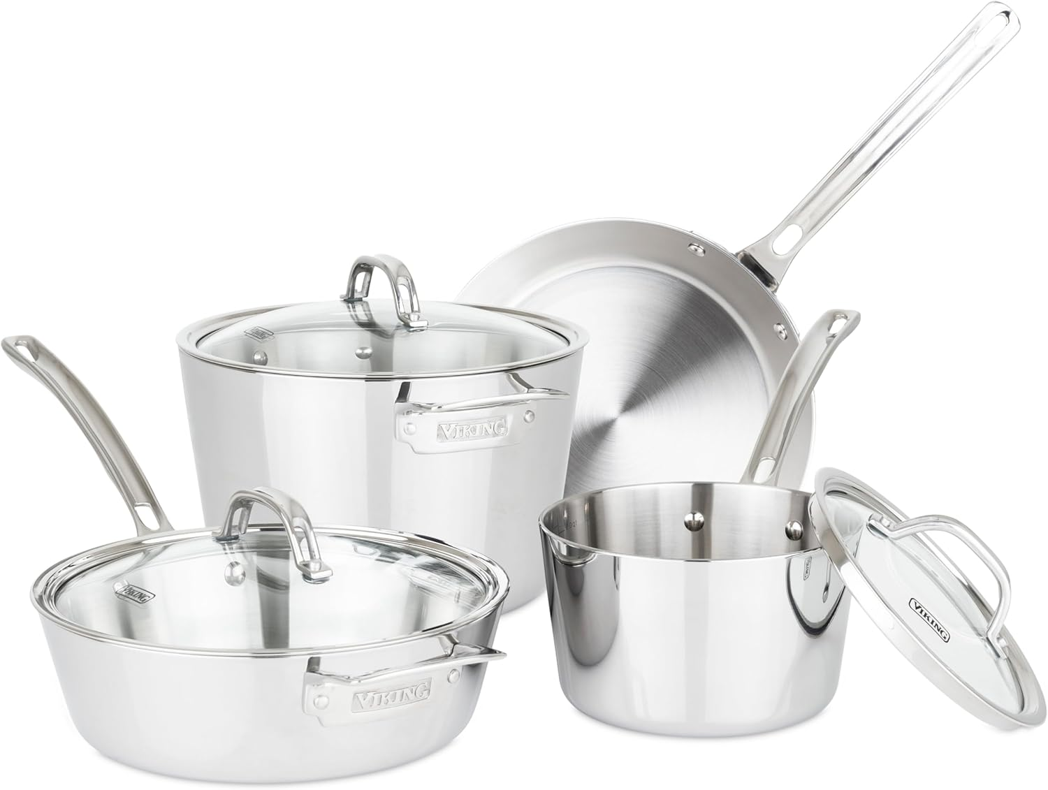 Viking Culinary Contemporary 3-Ply Stainless Steel Cookware Set, 7 Piece, Includes Glass Lids, Pots & Pans, Dishwasher, Oven Safe, Works on All Cooktops Including Induction image number 1