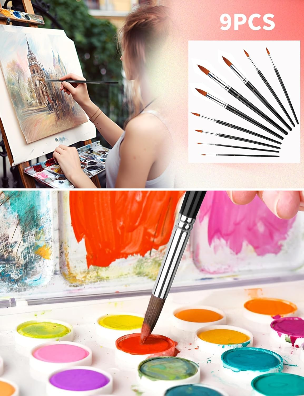 9 PCS Professional Watercolor Detail Paint Brushes, round Pointed Tip Paint Brushes Perfect for Watercolors Acrylics Inks Gouache Oil and Tempera Paint by Numbers, Art Supplies for Painting (Spike) image number 5