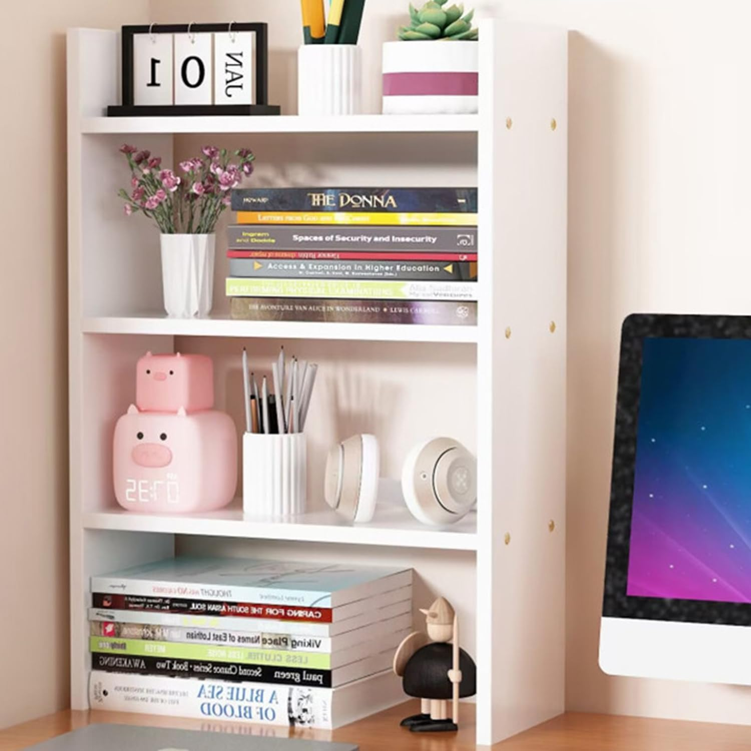 Uandhome Desktop Bookshelf,3-Tier Desktop Display Organizer Rack,Multipurpose Wood Desktop Bookshelf Storage Organizer for Dorm Office Home(White) (White)