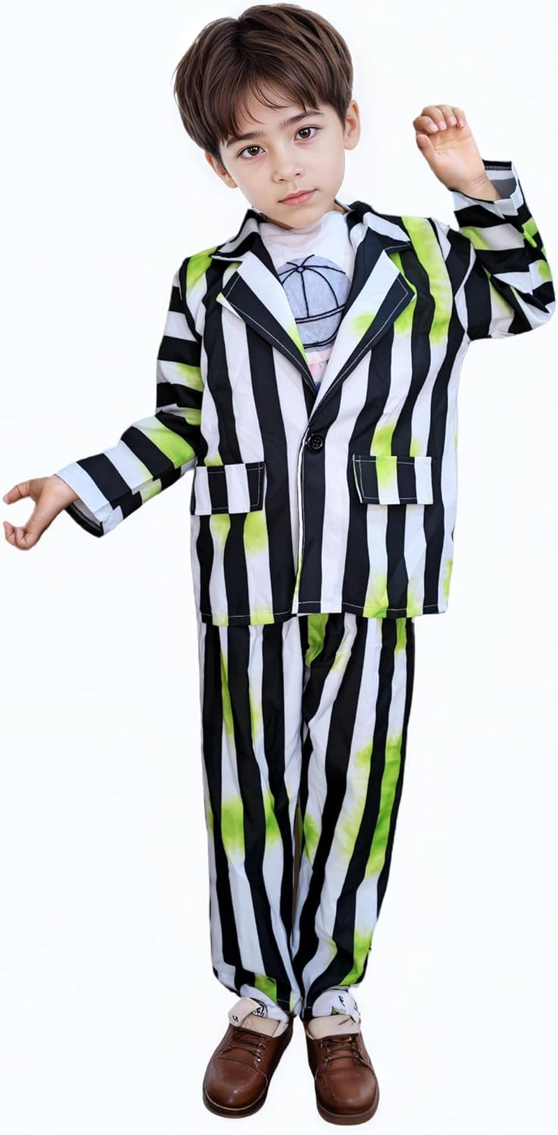 Beetlejuice Costume Kids Black and White Striped Suit Halloween Costumes Jacket Pants image number 1