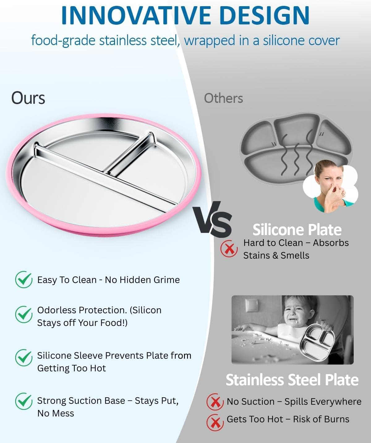 YUGO BABY Stainless Steel Divided Baby Plate with Removable Silicon Sleeve&Suction, Non-Slip Unbreakable Dishwasher Safe Metal Plates for Kids&Toddler Self Feeding Dinnerware (Quartz + Pink + Rose) image number 2