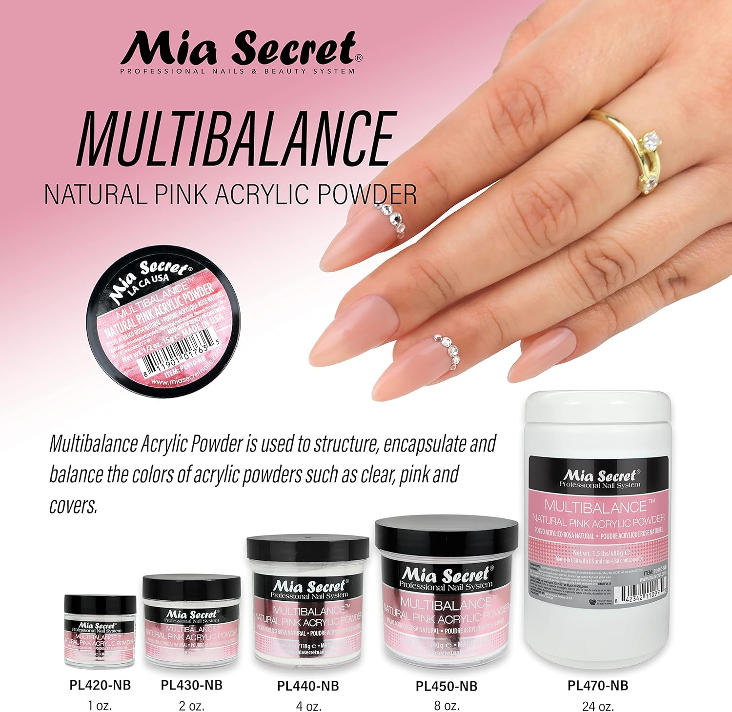 Mia Secret Acrylic Powder Multi Balance Natural Pink - 120Ml