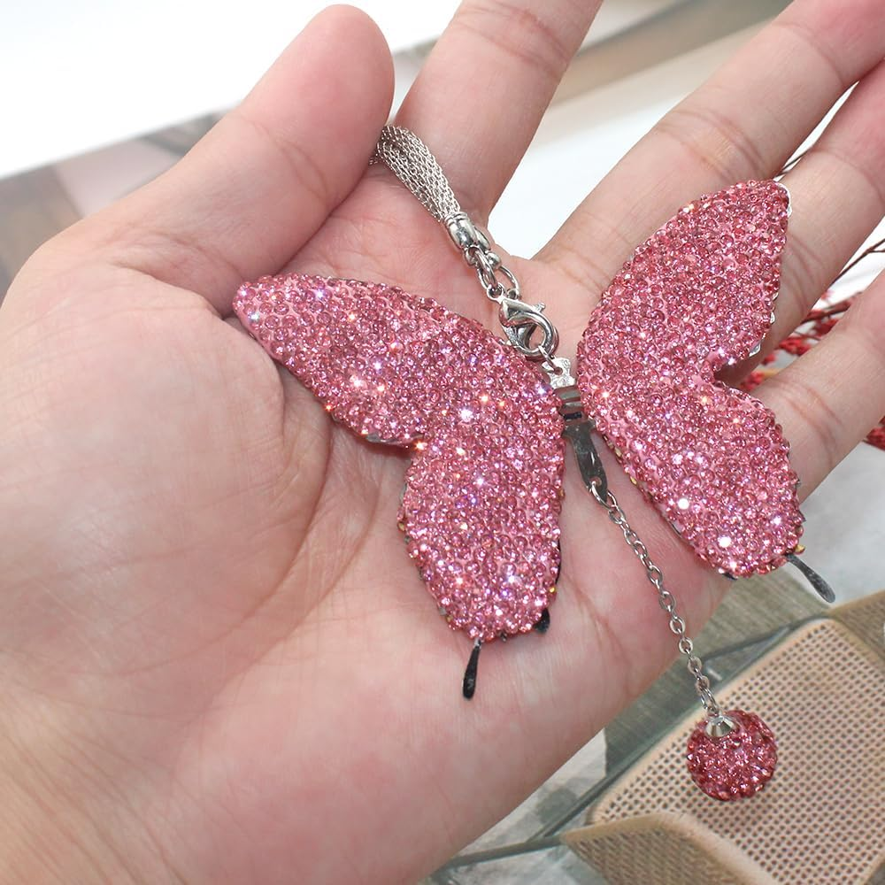 2 Pcs Rear View Mirror Accessories for Women, SENHAI Bling Butterfly Diamond Car Mirror Hanging Accessories and Rosary Beads Catholic Cross Car Decor, Home Decor Valentine'S Day Gifts image number 3