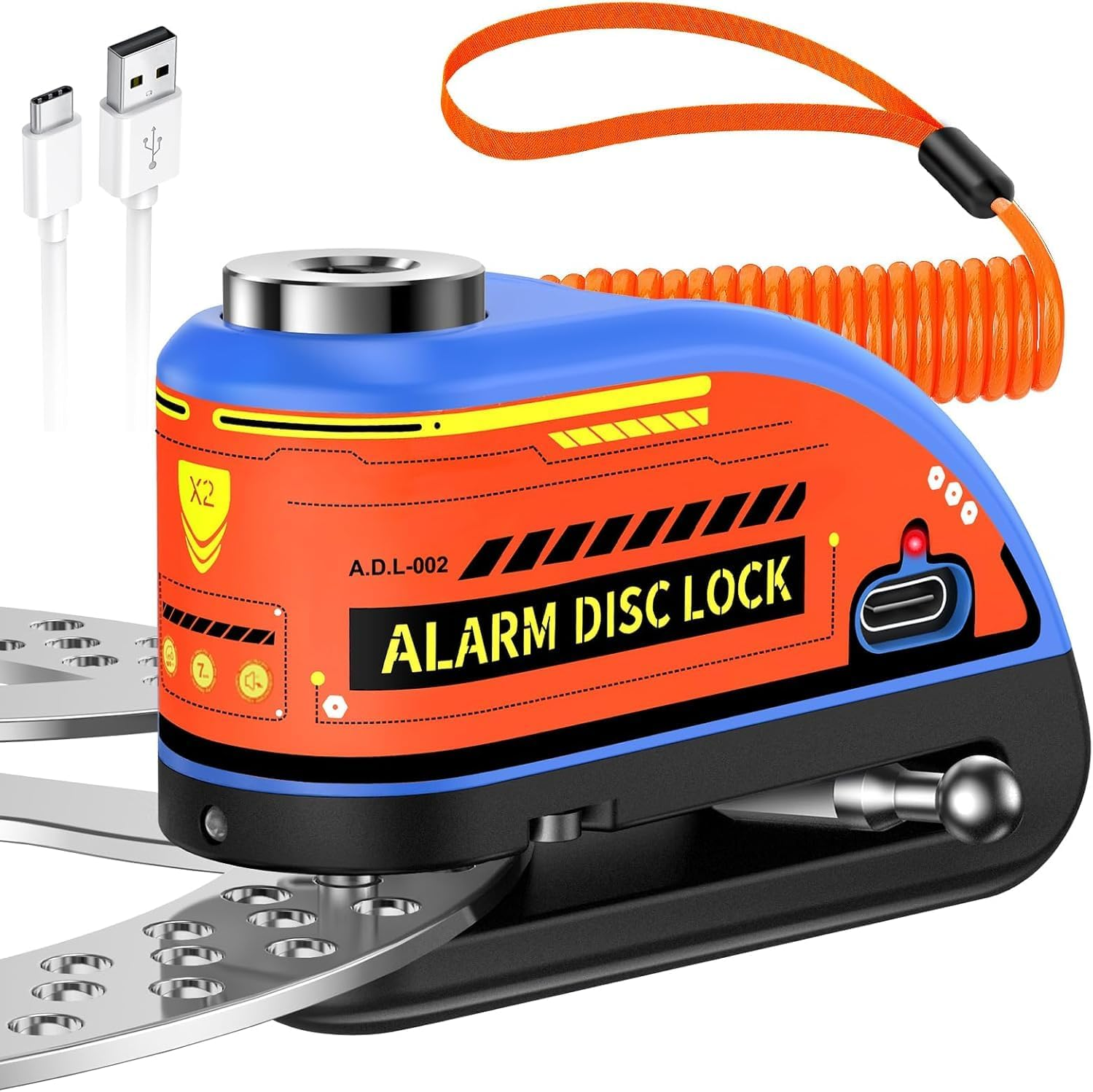 ZEXMTE Alarm Disc Lock Rechargeable Motorcycle Disc Brake Lock Alarm 120Db with 1.8M Reminder Cable Reinforced Waterproof High Security Disc Brake Lock for Motorcycle, Bike, Scooter, E-Bike, Red