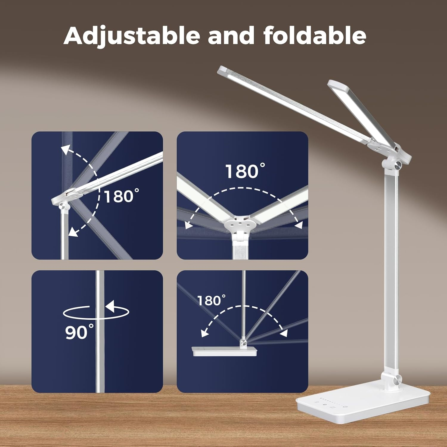 Emitto Desk Lamp for Home Office, Light Eye Caring Foldable Adjustable, USB Rechargeable Reading Light,Touch Control with 5 Color Modes&10 Brightness Level, for Kids Reading Studying, White