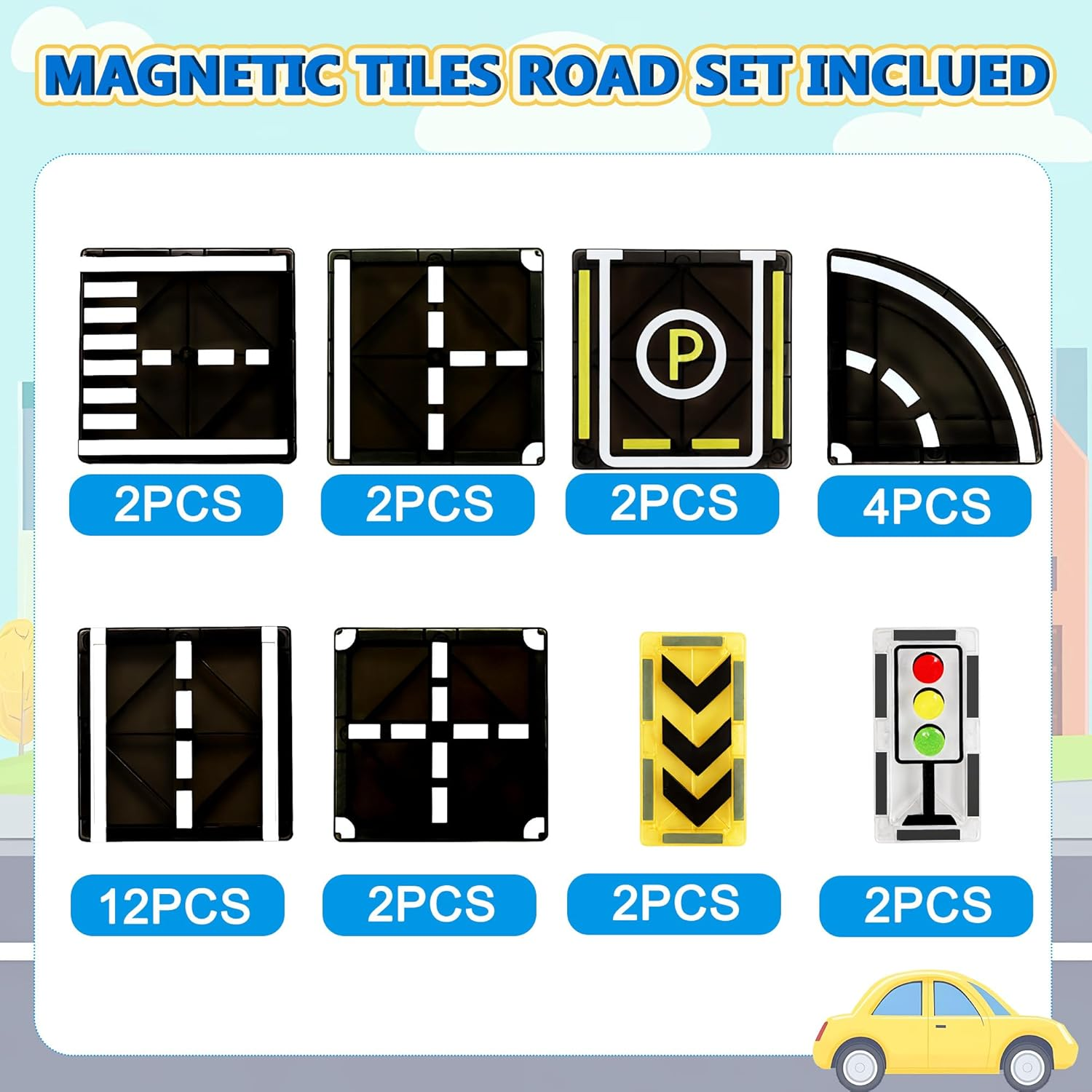 OMIPAWZ Magnetic Road Tiles Set, STEM Magnet Building Blocks Toys for Kids Age 3-8 image number 5