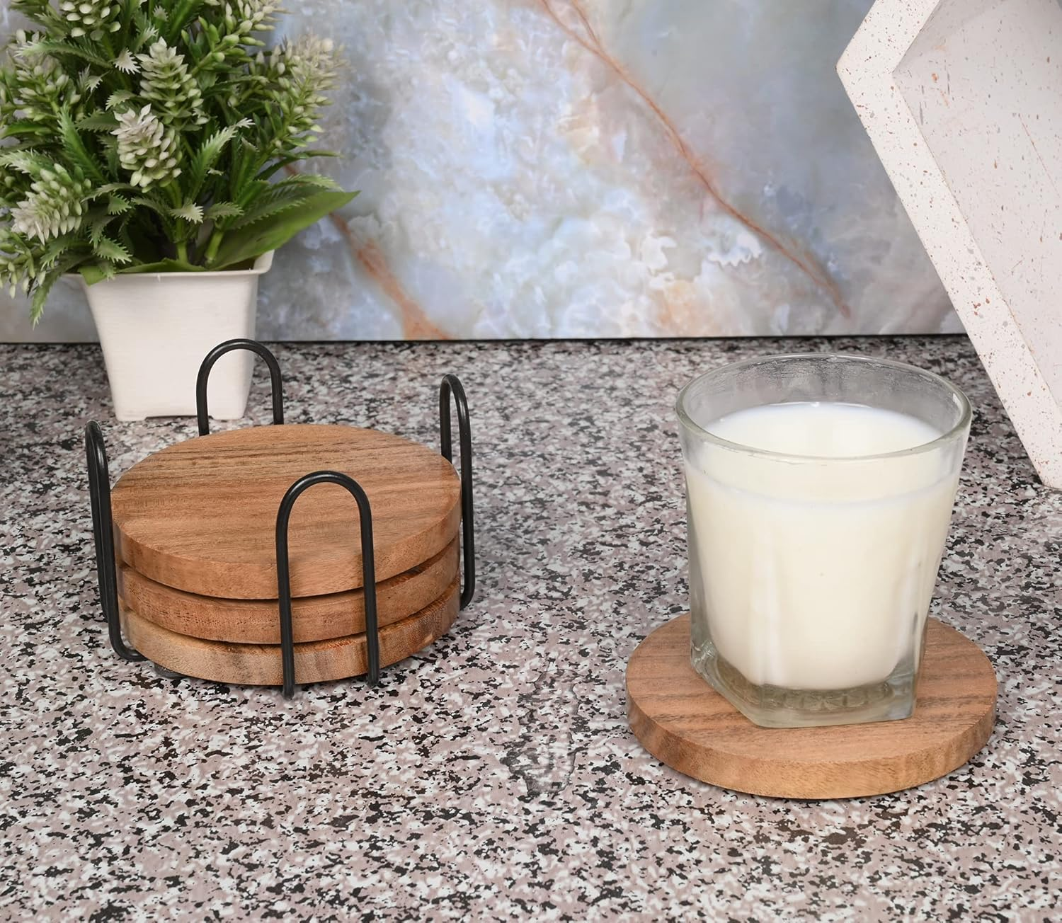 EDHAS Acacia Wood Coasters for Drinks with Iron Holder Stand for Coffee Table, Tabletop Protection Decor, Set of 4 image number 1