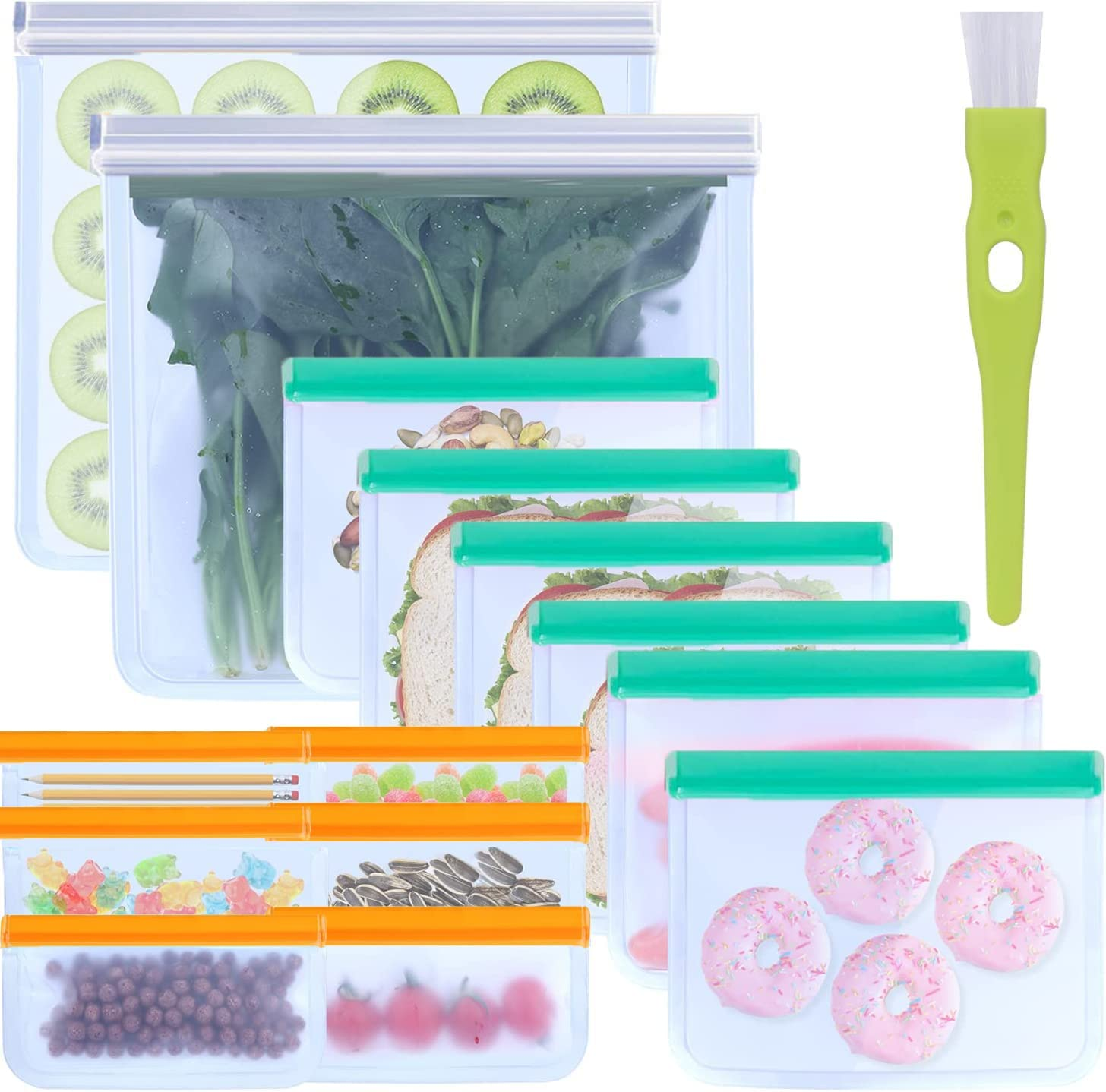 Reusable Ziplock Bags Silicone,14 Pack Reusable Freezer Bags, Food Storage Bags with 2Gallon Bags,6 Sandwich Bags and 6 Food Grade Snack Bags for Kids, for Meat, Fruit,Veggies