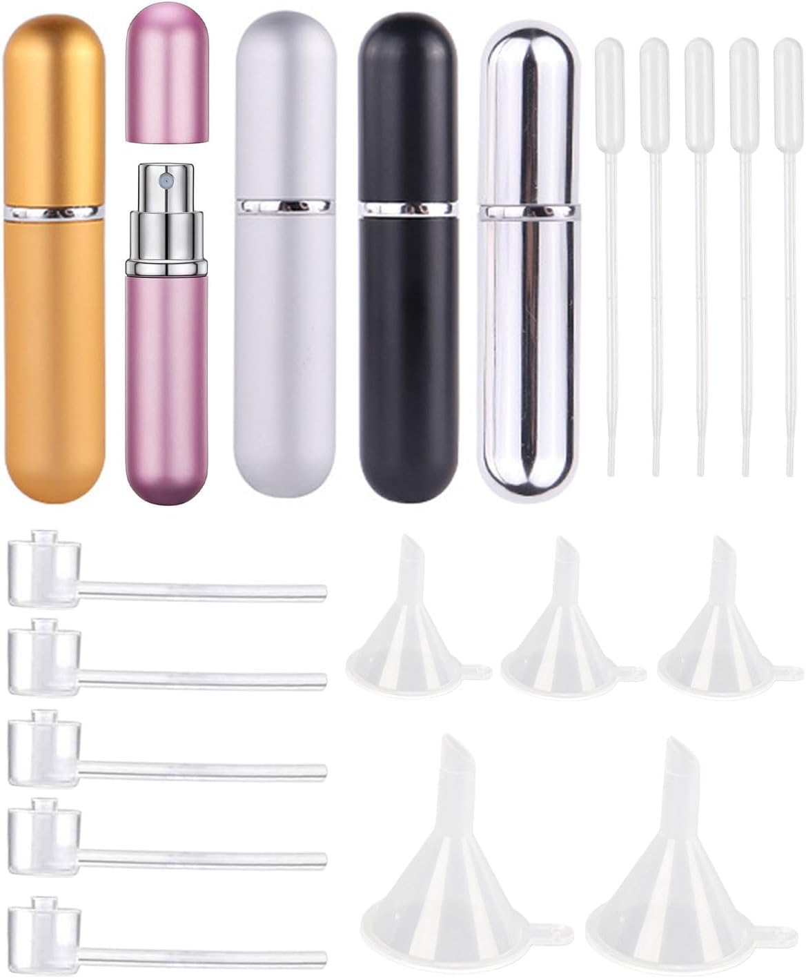 TPZORJX 5Pcs Perfume Atomizer Bottles Refillable Travel Spray Bottle with 5 Funnel and 5 Pipette 5Ml Set of 5 Bottles 5 Colors