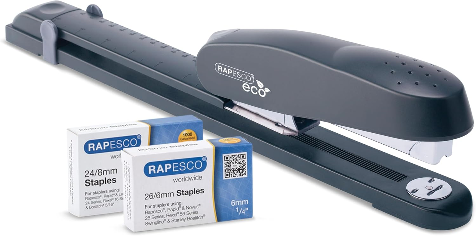 Rapesco 1480 ECO 790 Heavy Duty Long Arm Stapler with 2000 Staples, 50 Sheet Capacity, Charcoal