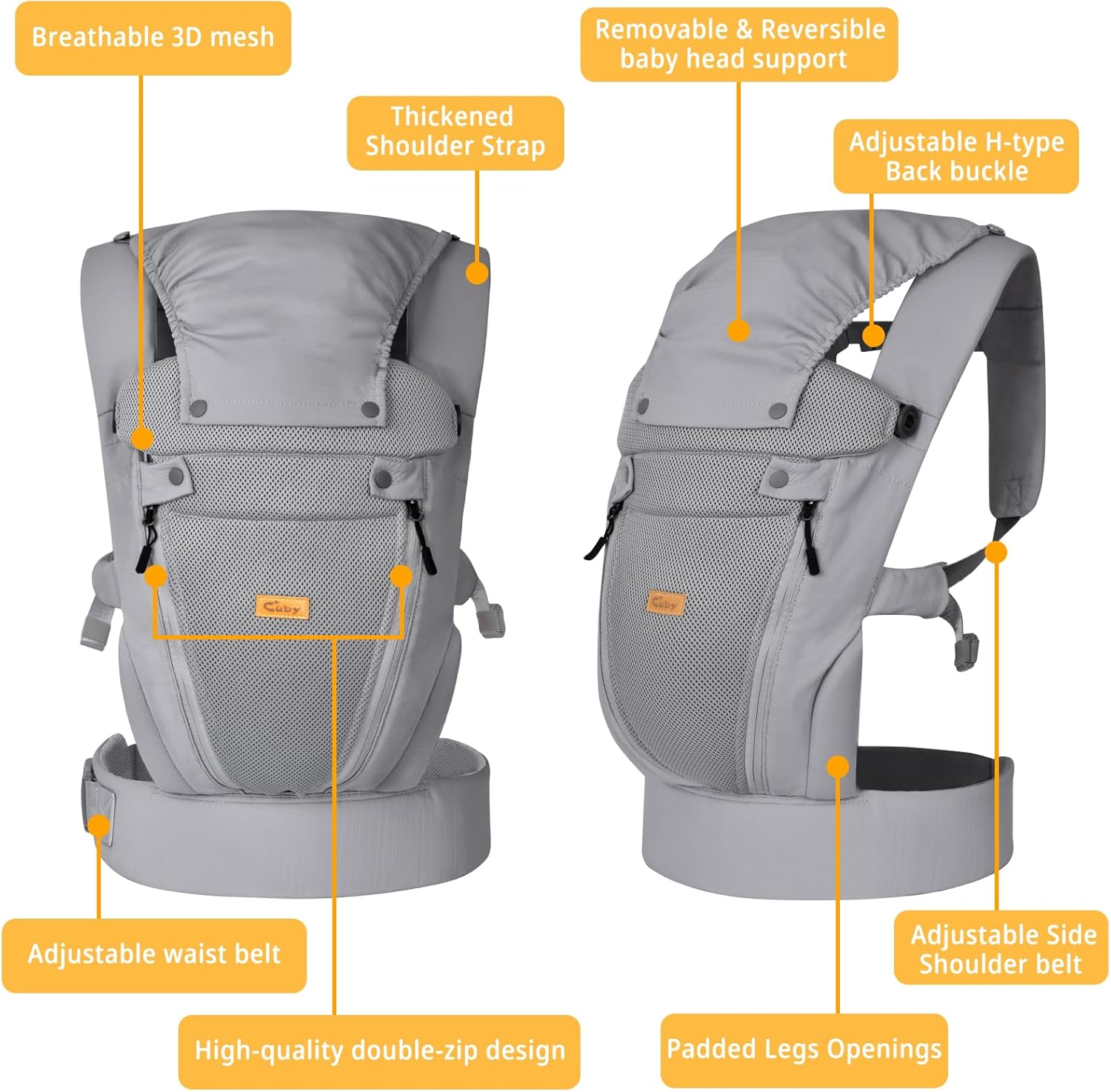 CUBY Baby Carriers from Newborn, Summer Mesh Double Zipper Ergonomic Baby Holder Belt Toddler Carrier from Newborn, Detachable Hood & Reversible Head Neck Support Baby Carrier for Walking Use to 30LBS - Crotch Protector White image number 4