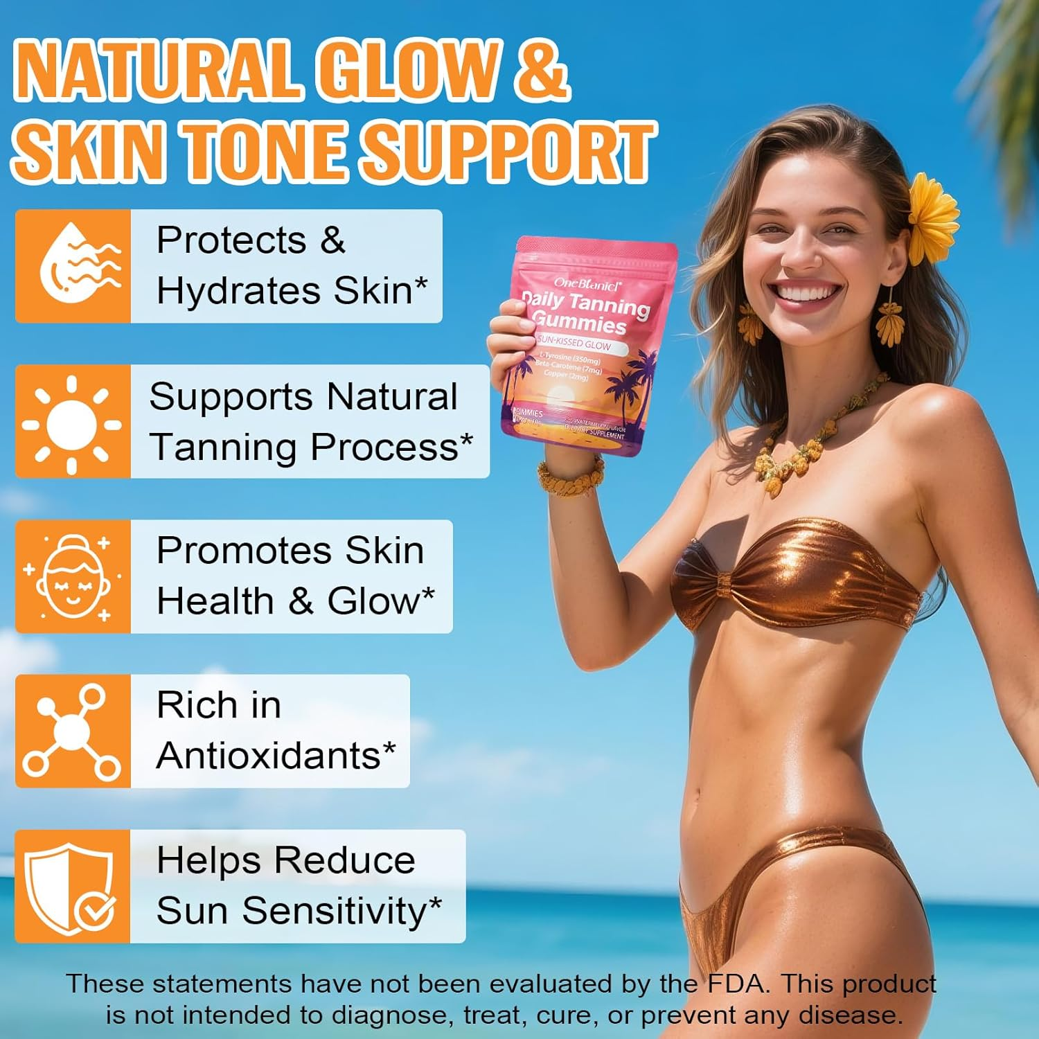 Daily Tanning Gummies,Tanning Gummies with Lycopene & Beta Carotene for Skin Health & Glow, Vegan, Non-Gmo-60 Ct 30-Day Supply image number 5