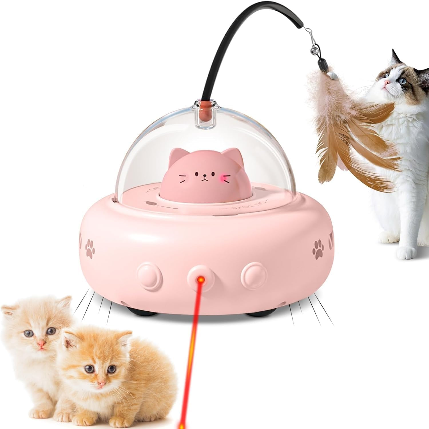 UFO Mia Rechargeable 2‑In‑1 Cat & Kitten Gift Toy with Laser & Feather Wand, Motion‑Activated Random 360&deg; Movement & Auto Sleep Mode &ndash; Interactive Indoor Cat Toy (Beige)