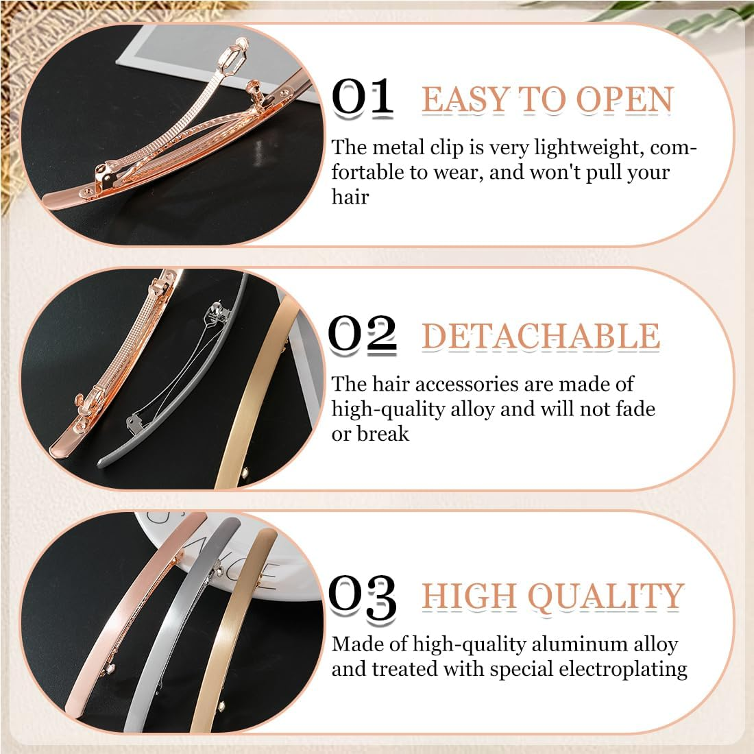 Pack of 3 Vintage Metal Hair Clips, Vintage French Clips, Long Basic Set, for Women and Girls image number 5